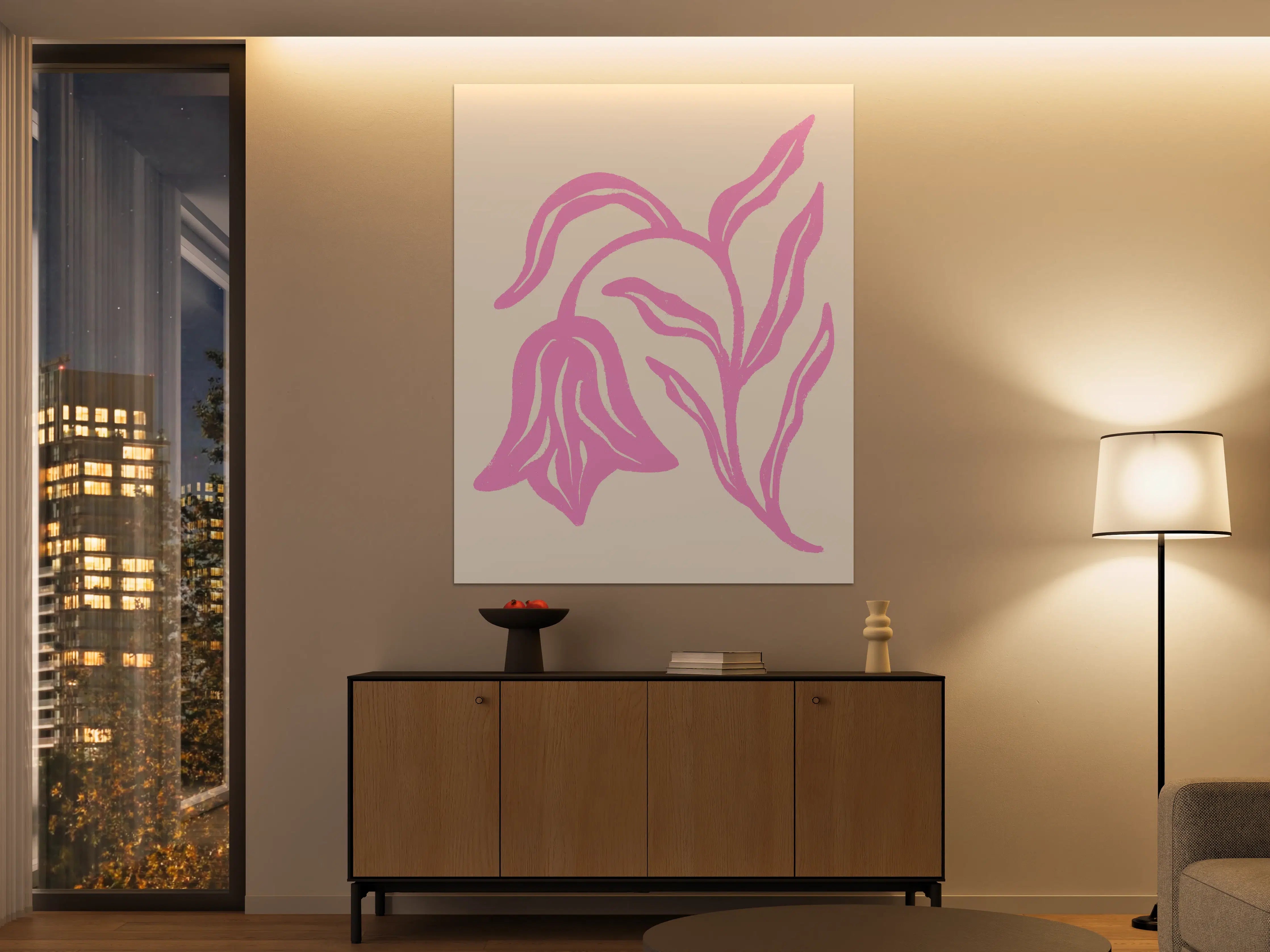 Große Wandbilder - Blumenillustration in Pink auf cremefarbenem Hintergrund