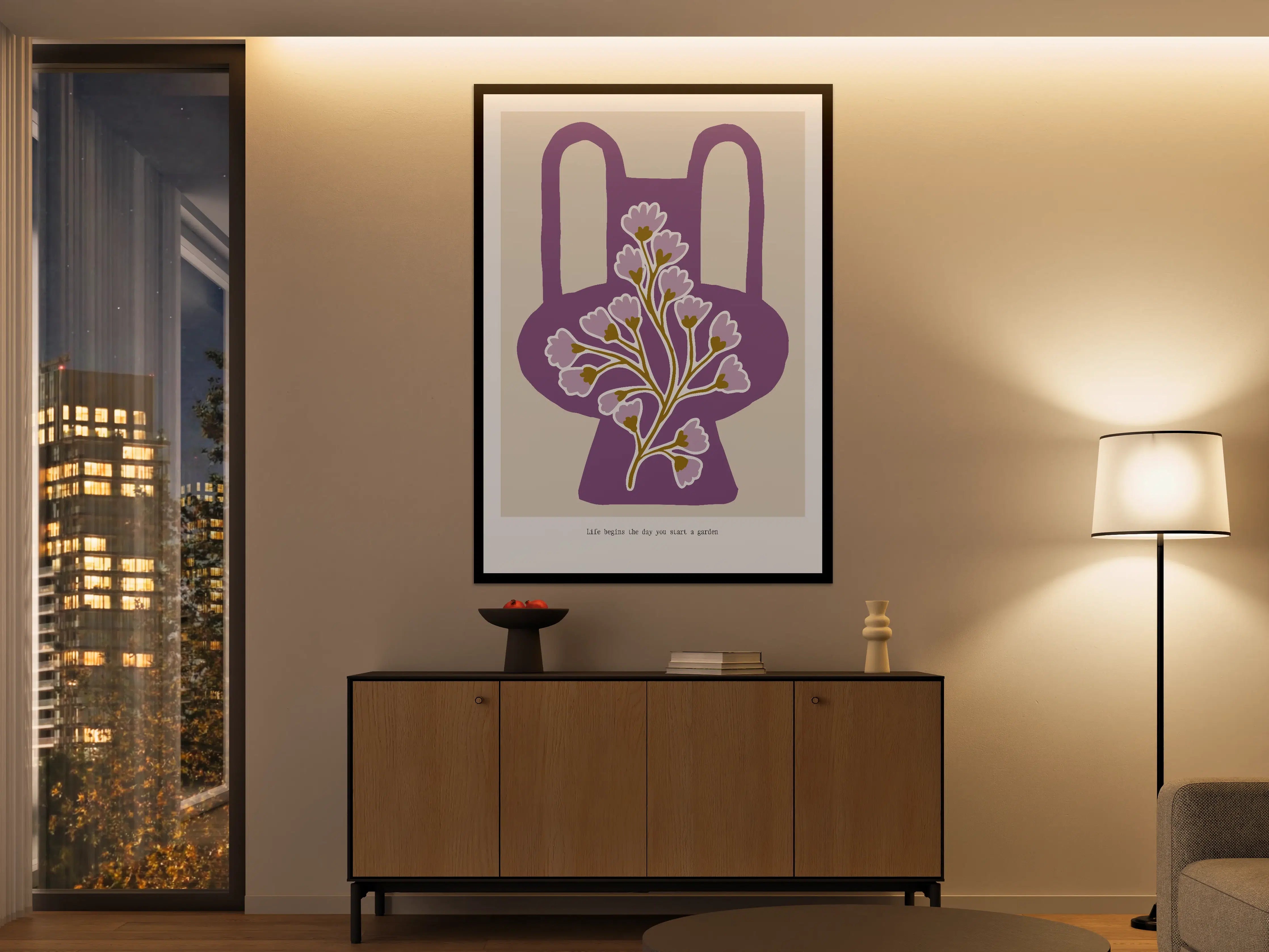 Große Wandbilder - Blumenmotiv in Lila auf neutralem Hintergrund