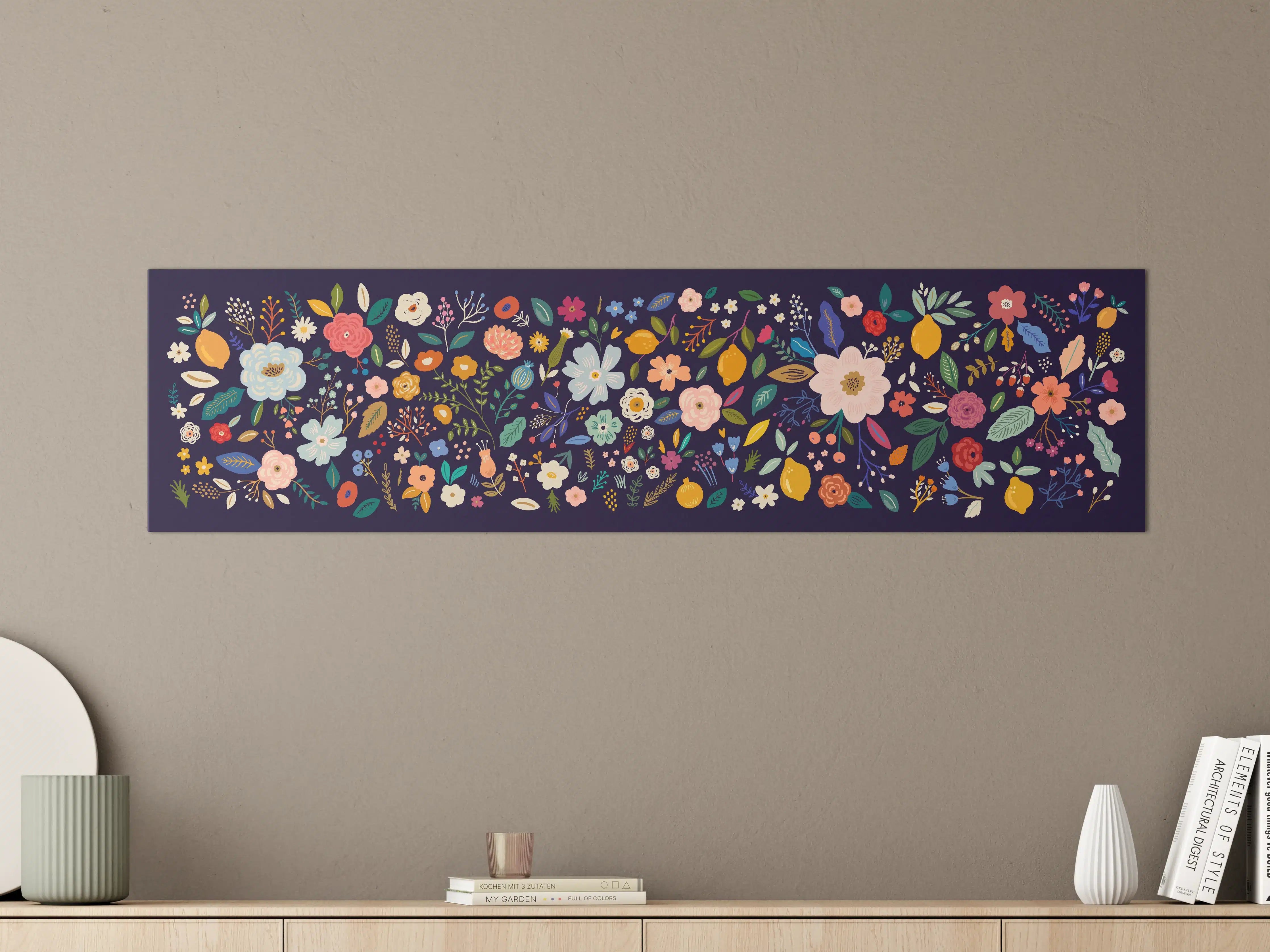 Große Wandbilder - Blumenmuster in bunten Farben auf dunklem Hintergrund