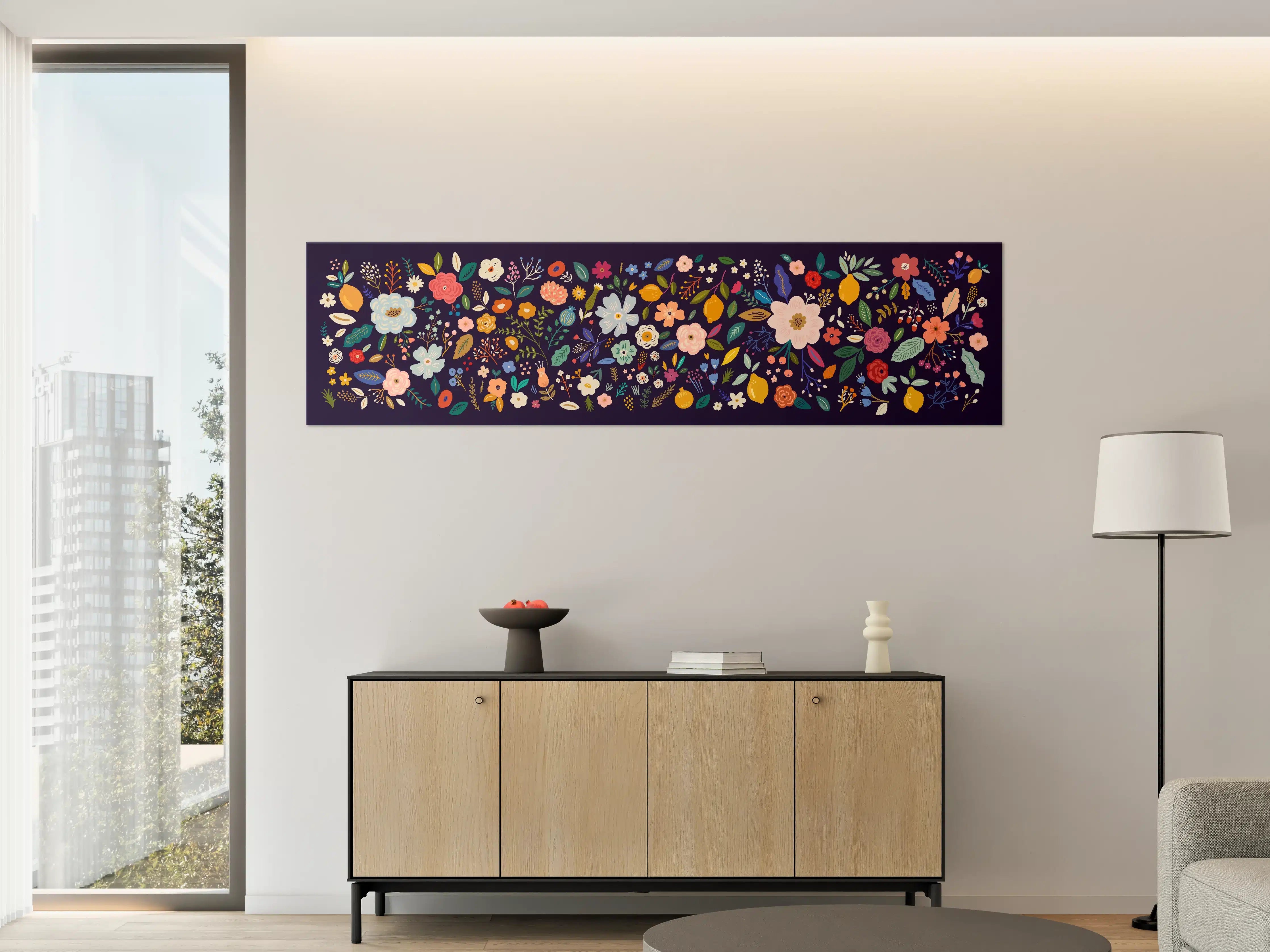 Große Wandbilder - Blumenmuster in bunten Farben auf dunklem Hintergrund