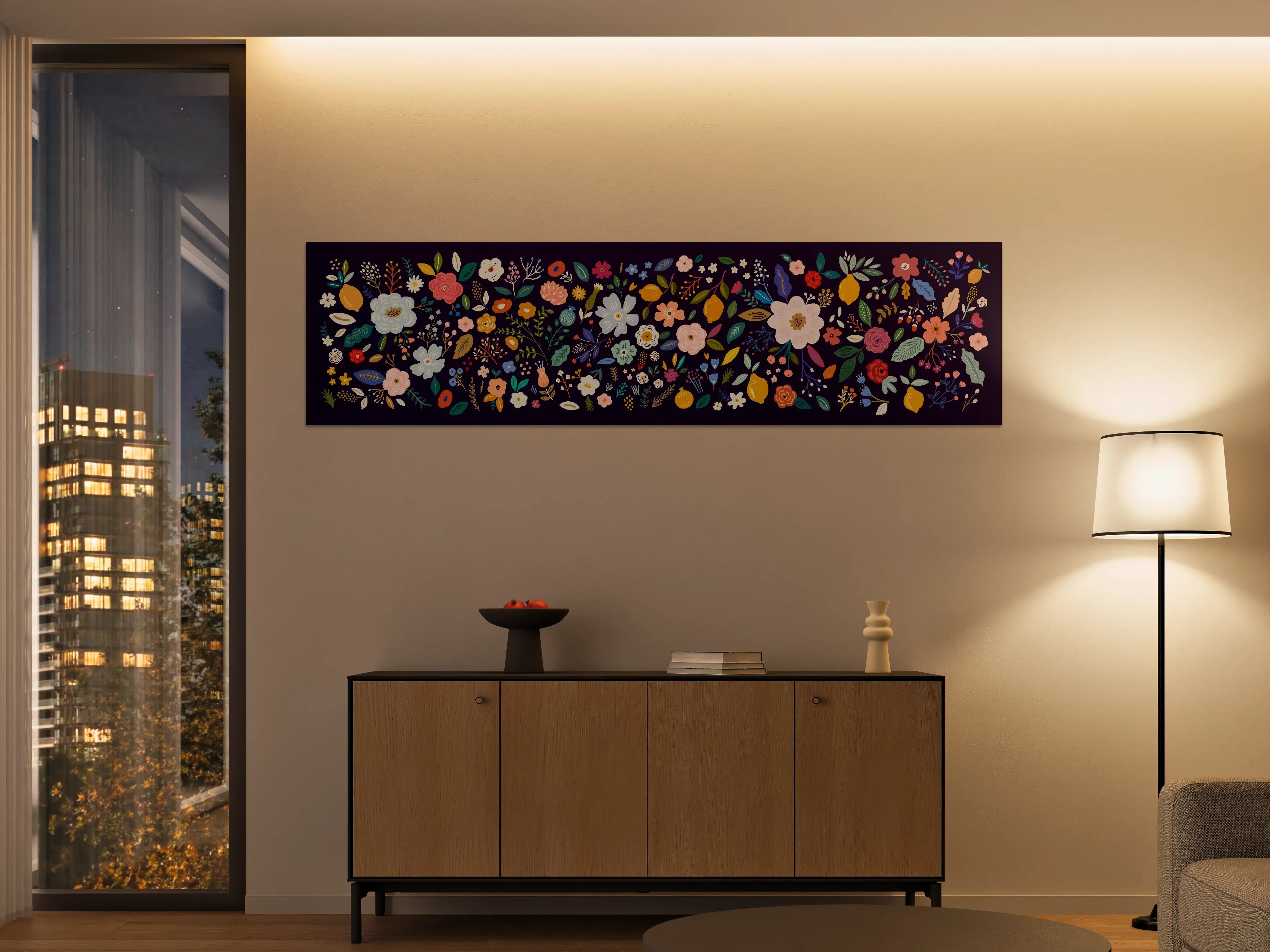 Große Wandbilder - Blumenmuster in bunten Farben auf dunklem Hintergrund