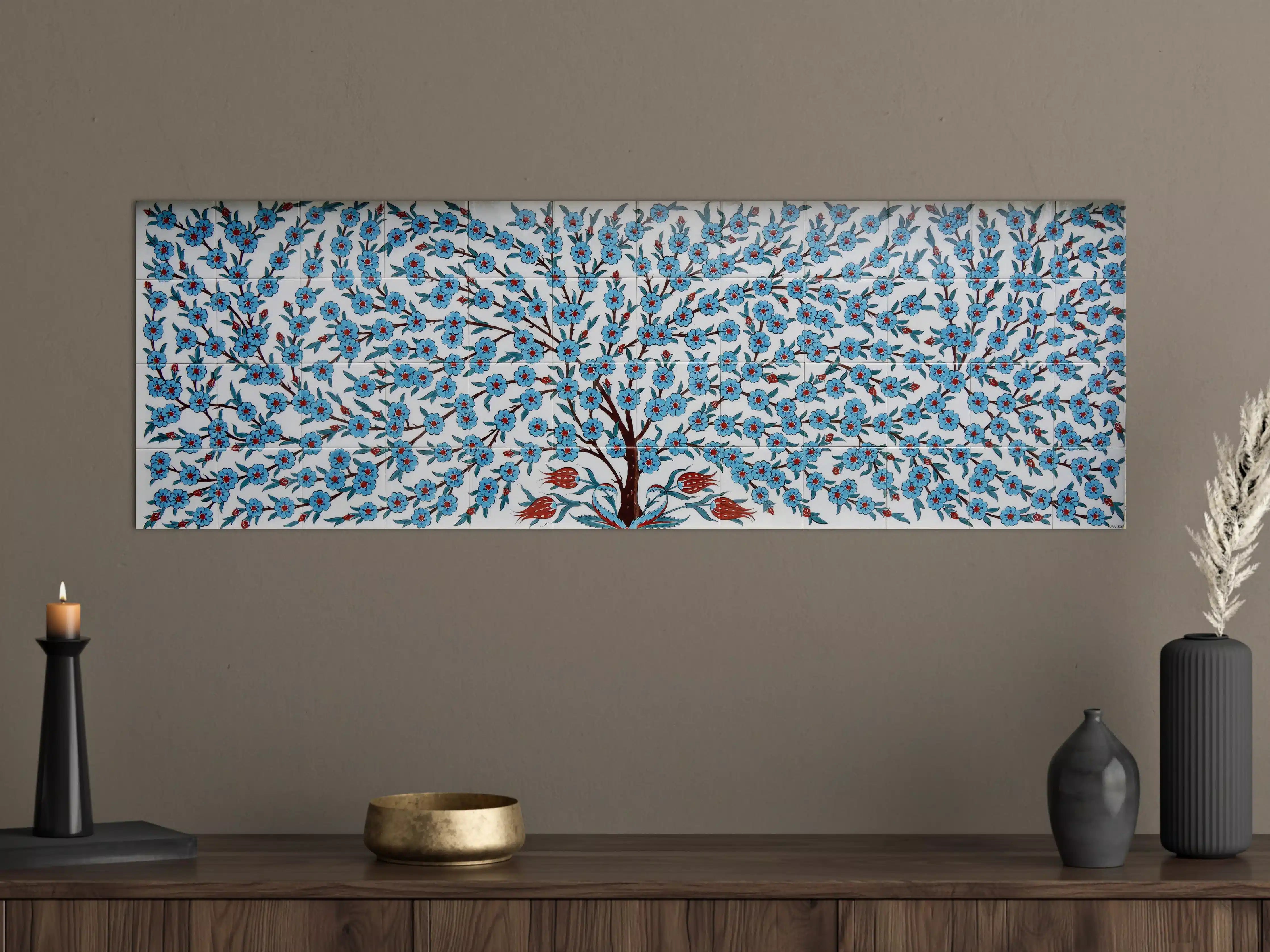 Große Wandbilder - Blumenmuster mit blauen Blüten und roten Vögeln