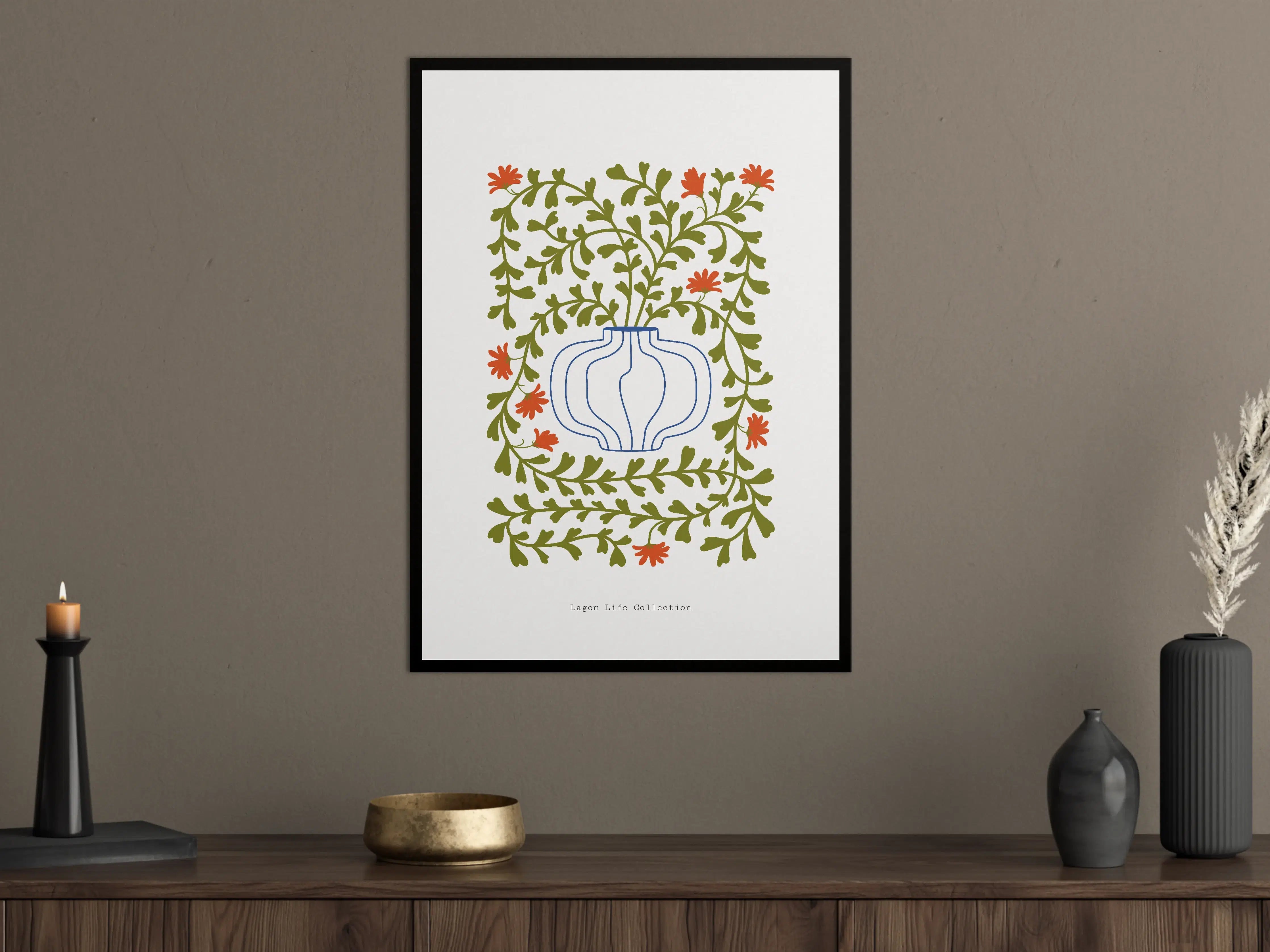 Große Wandbilder - Blumenmuster mit grünen Ranken und roten Blüten