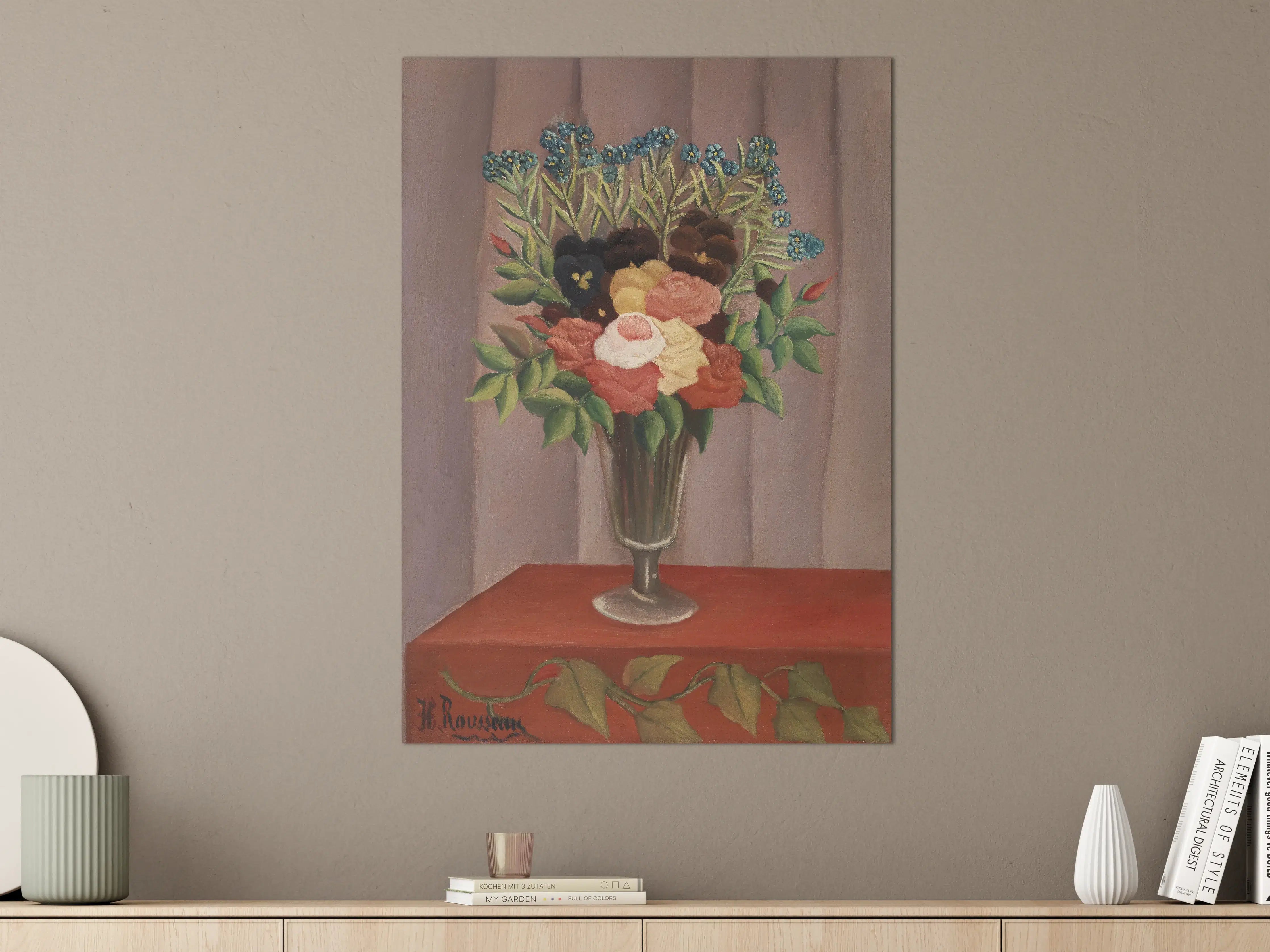 Große Wandbilder - Blumenstrauß in Vase vor Holzwand