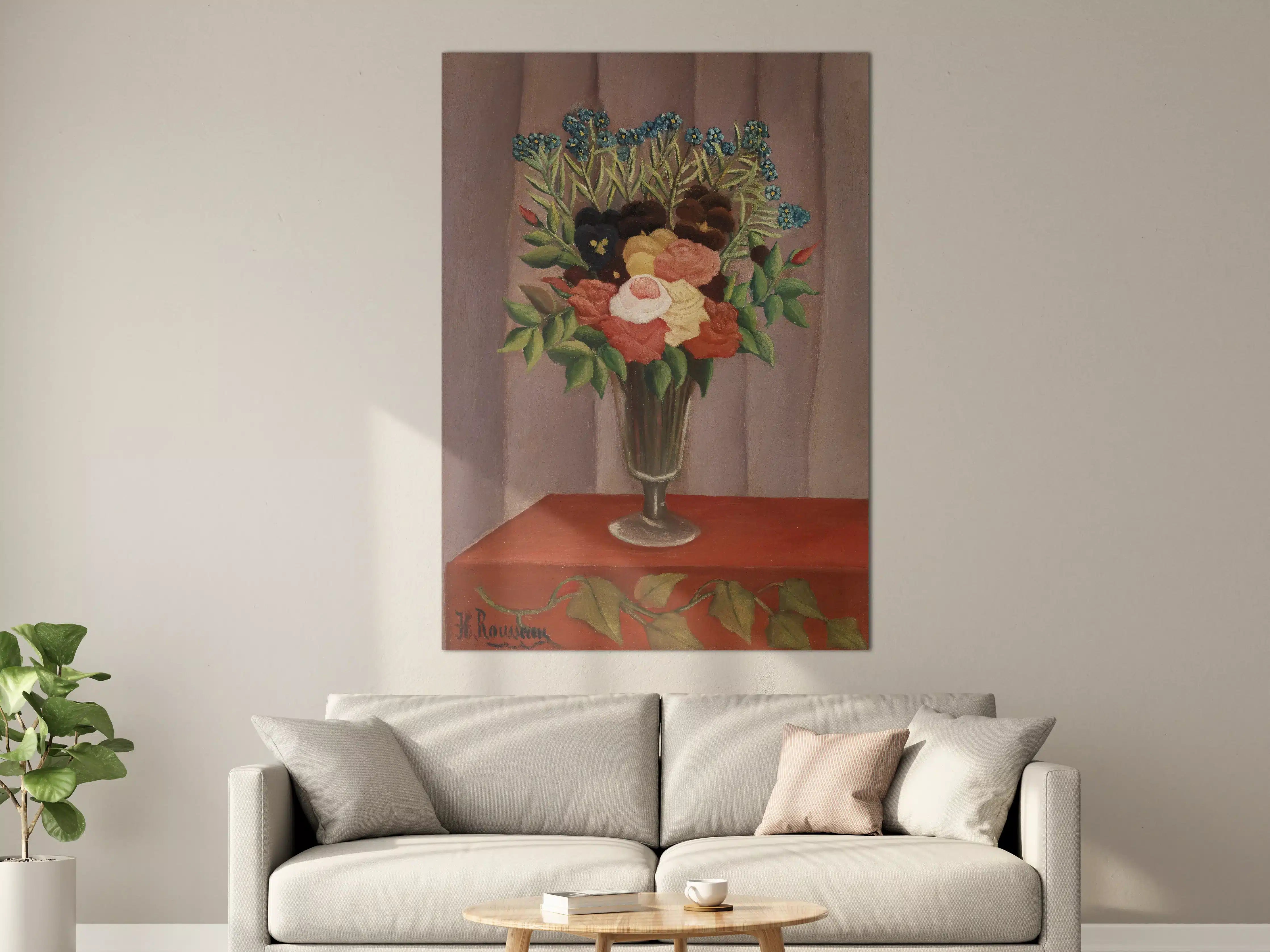 Große Wandbilder - Blumenstrauß in Vase vor Holzwand