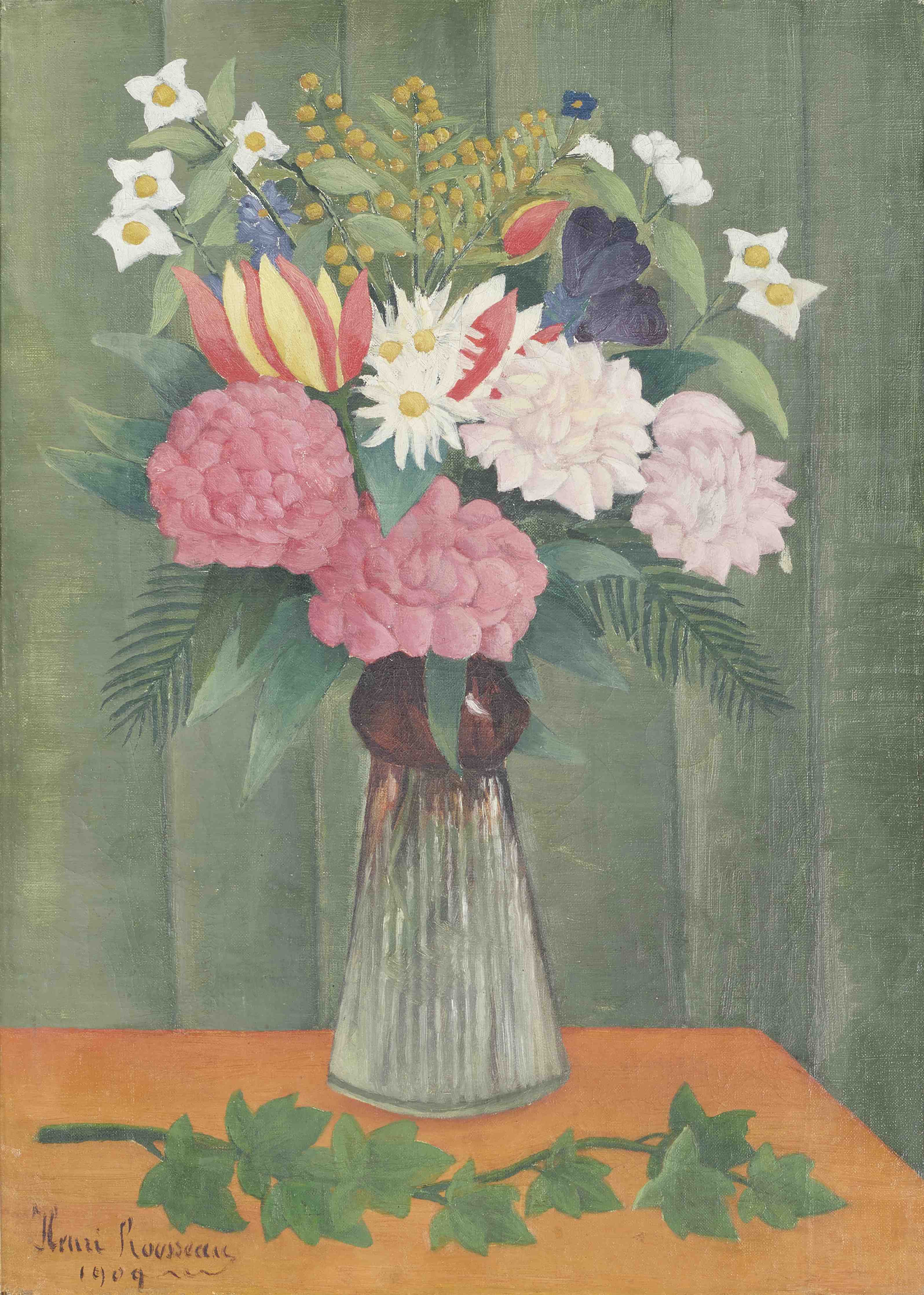 Große Wandbilder-Blumenstrauß in Vase vor grünem Hintergrund