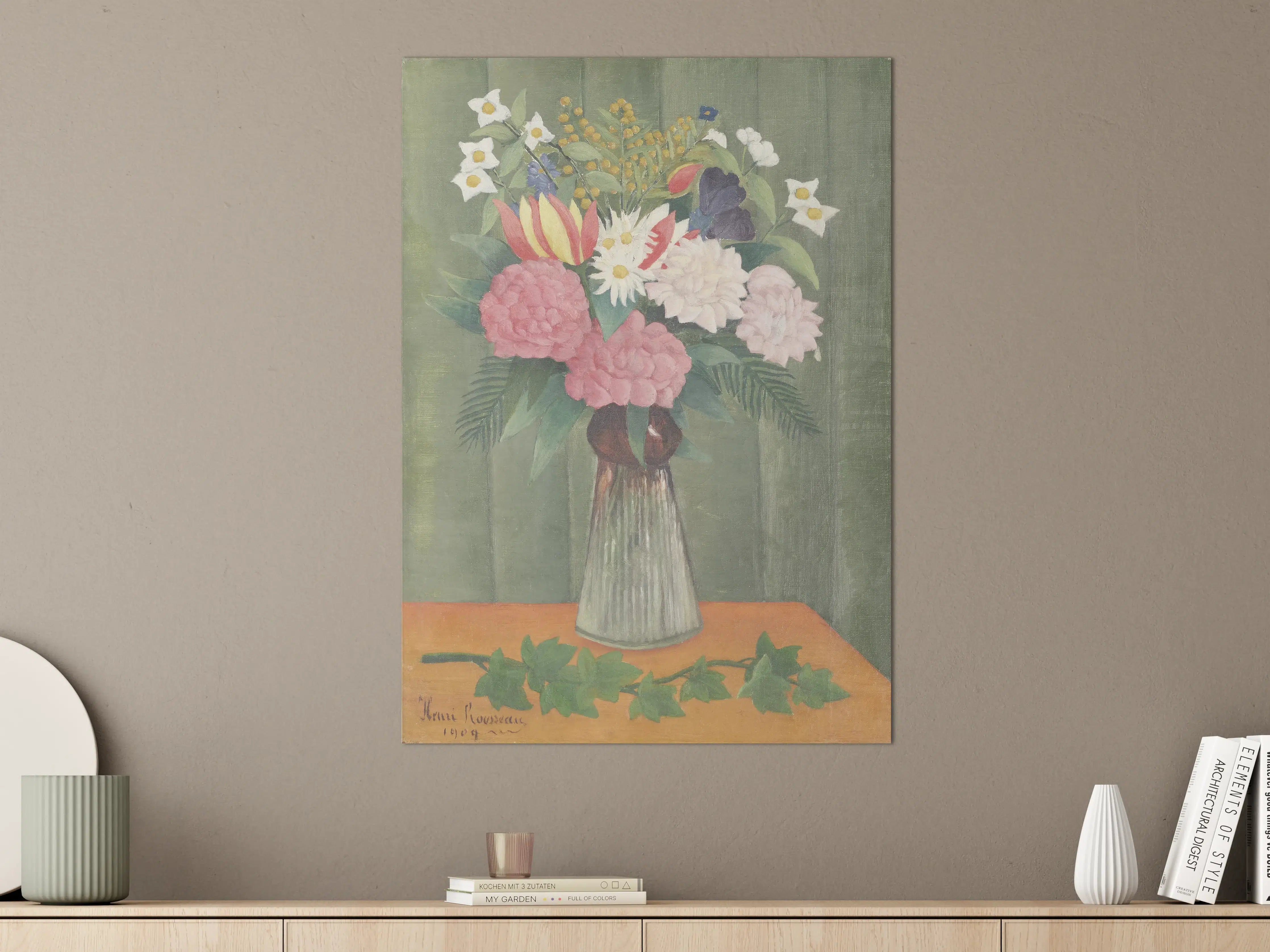Große Wandbilder - Blumenstrauß in Vase vor grünem Hintergrund