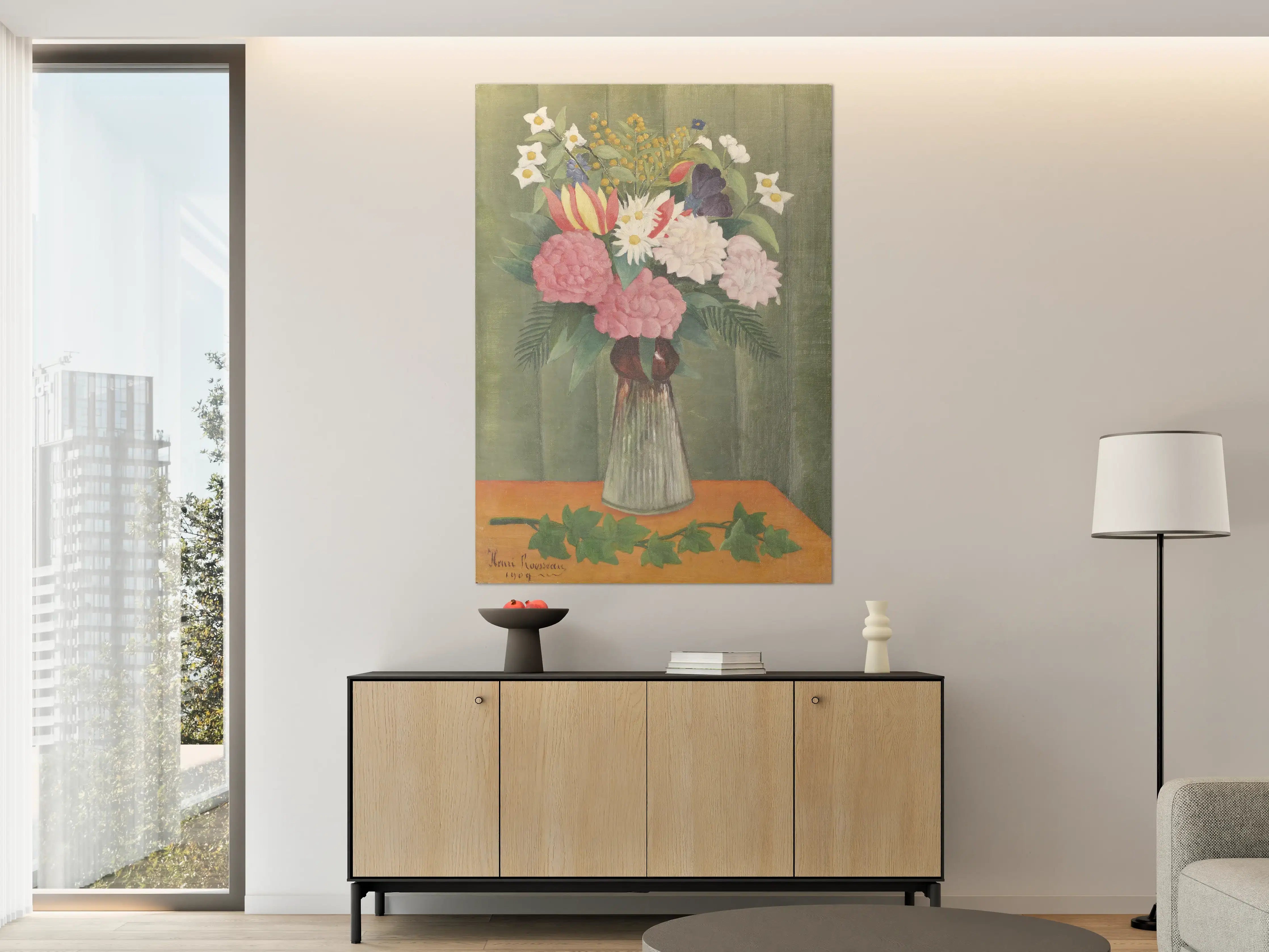 Große Wandbilder - Blumenstrauß in Vase vor grünem Hintergrund