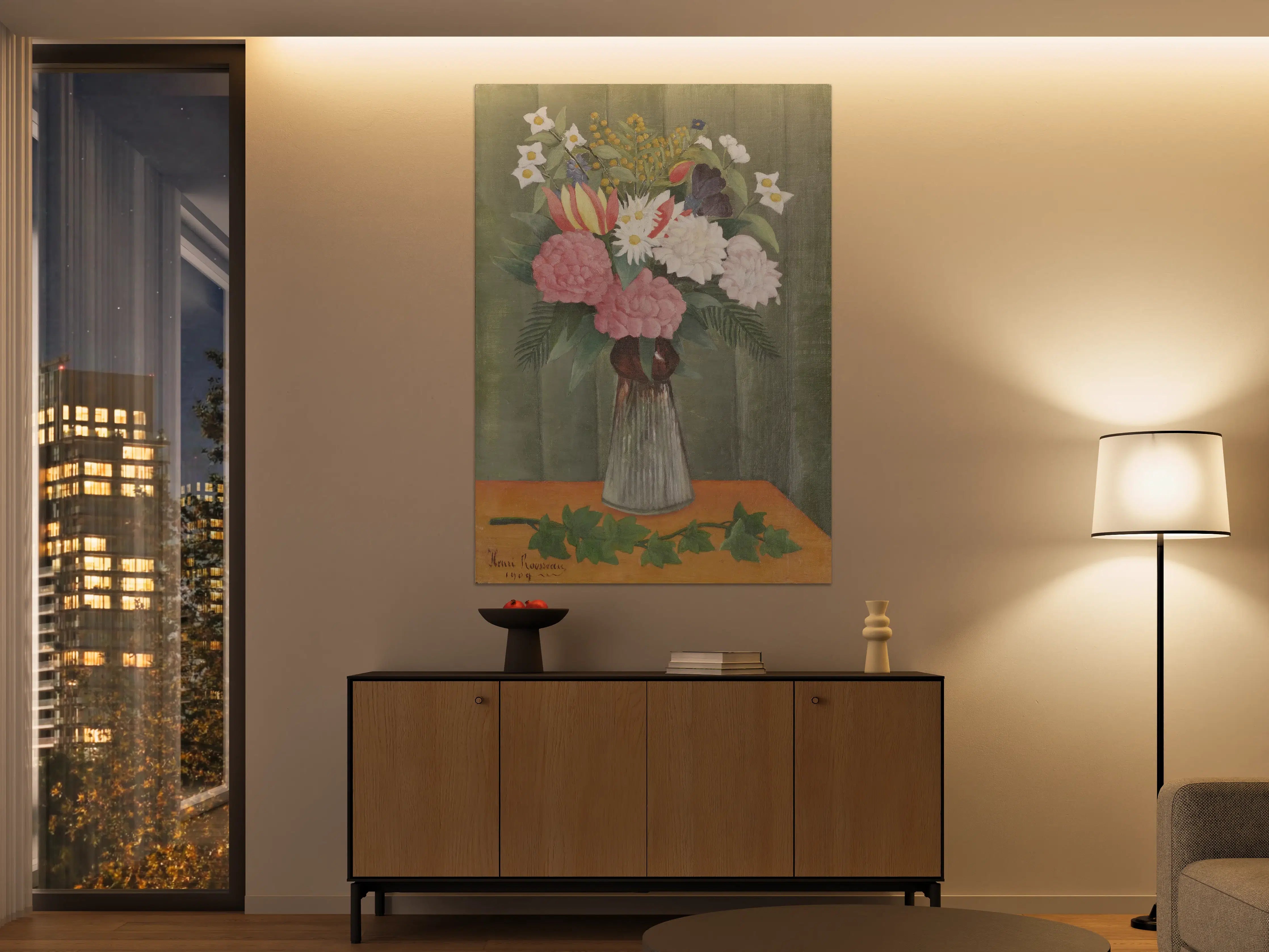 Große Wandbilder - Blumenstrauß in Vase vor grünem Hintergrund