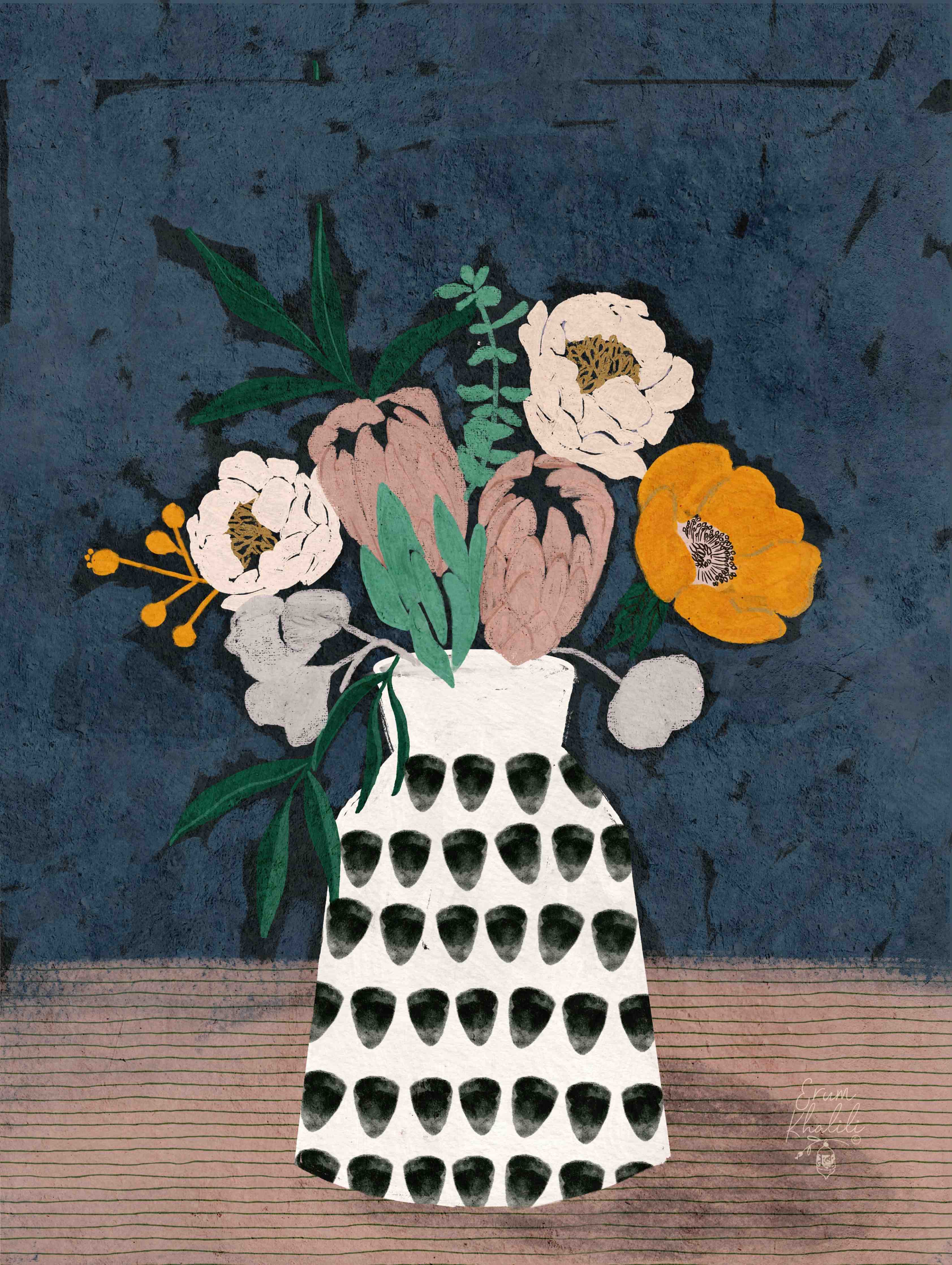 Große Wandbilder-Blumenstrauß in stilvoller Vase auf dunklem Hintergrund