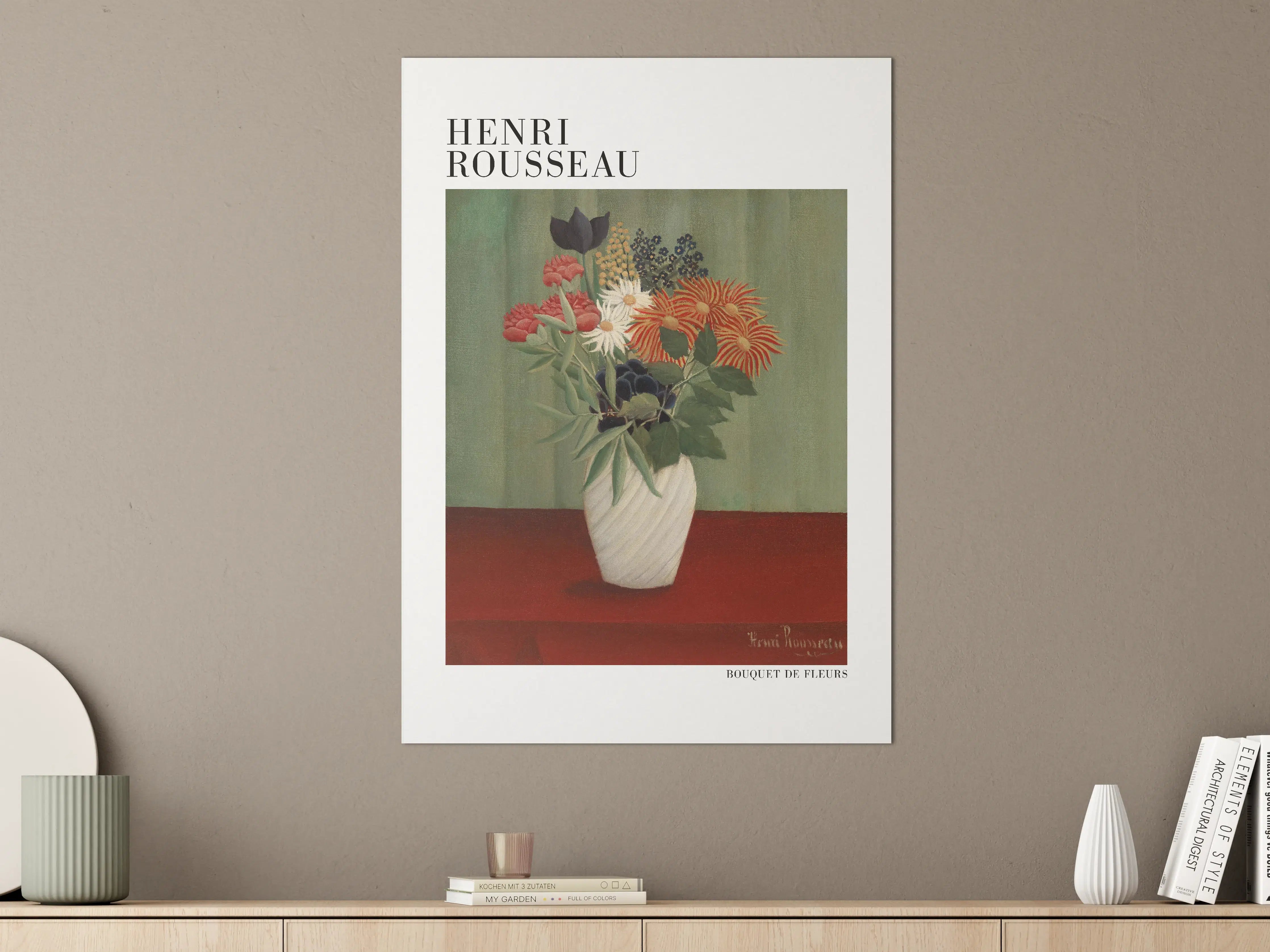 Große Wandbilder - Blumenstrauß in weißer Vase auf rotem Tisch