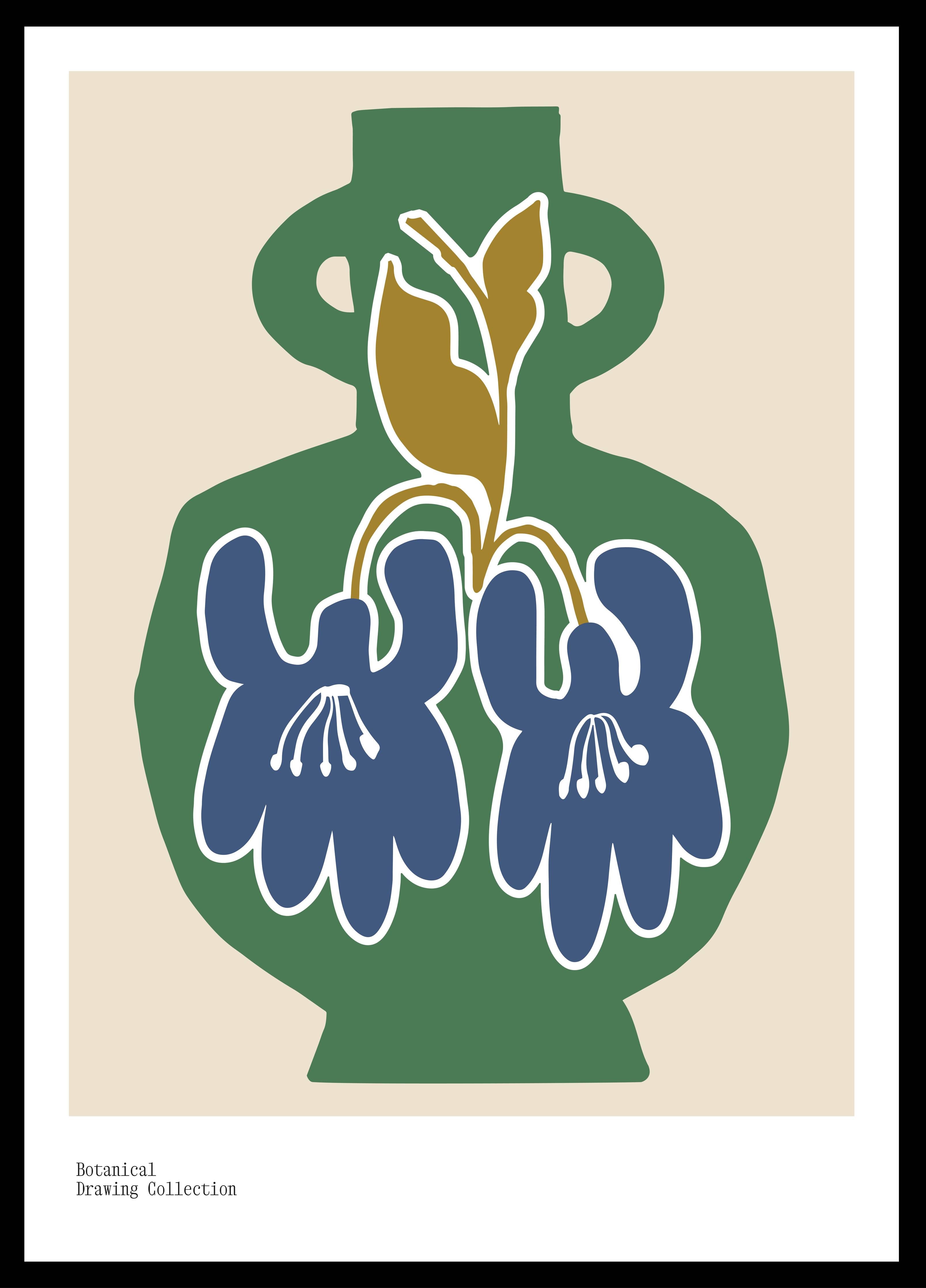 Große Wandbilder-Blumenvasen Illustration in Blau und Grün