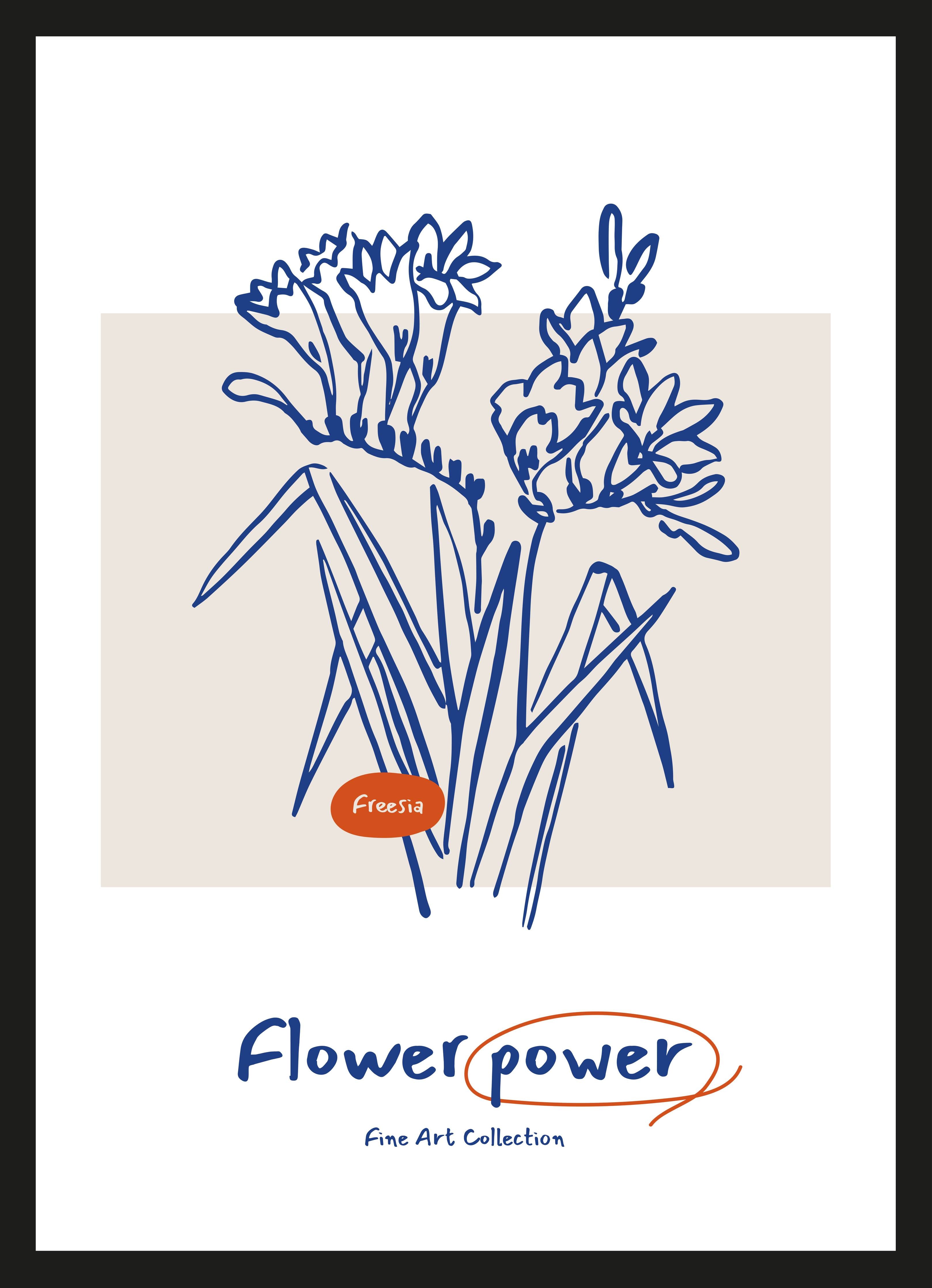Große Wandbilder-Blumenzeichnung in Blau und Beige