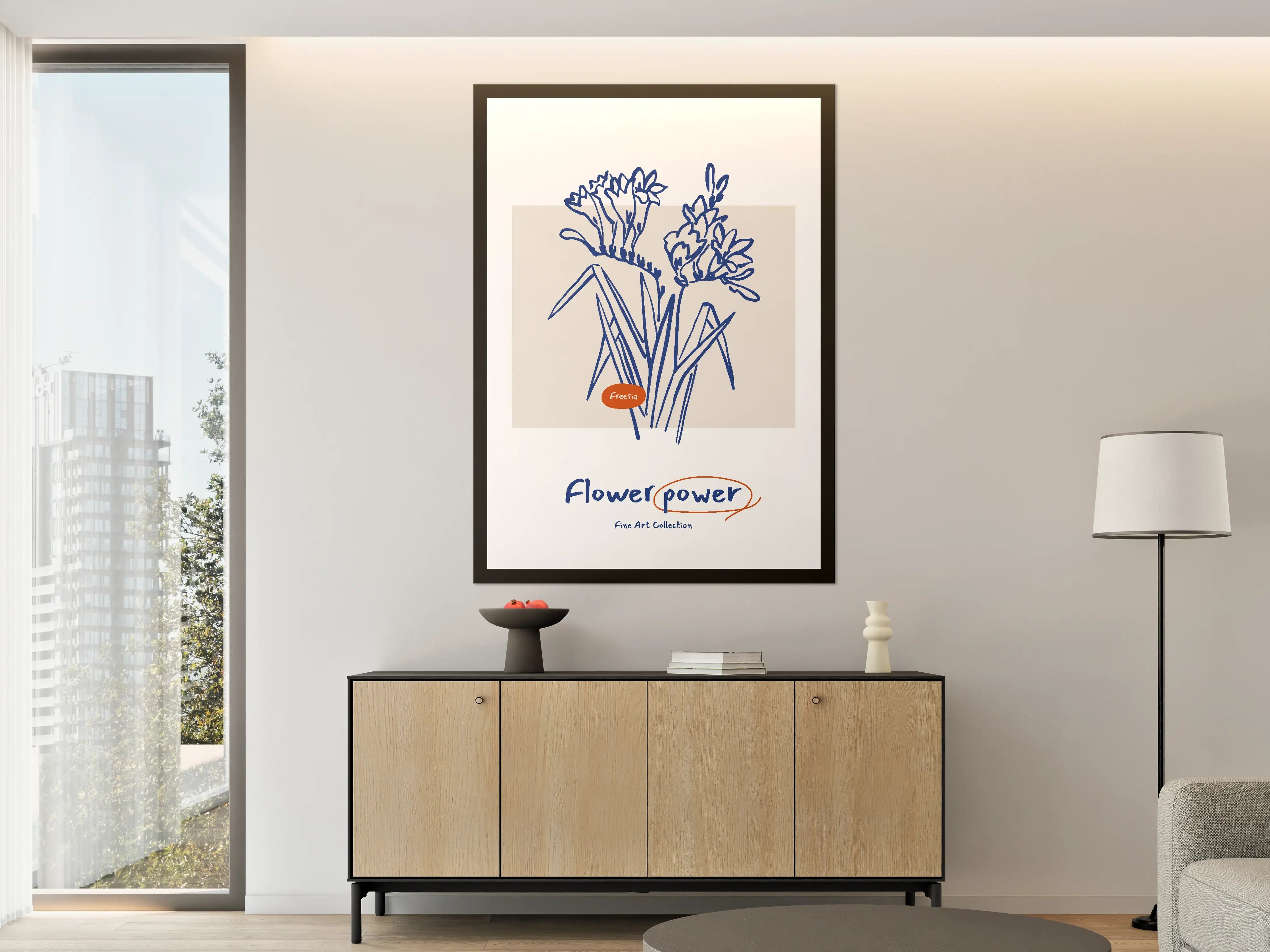 Große Wandbilder - Blumenzeichnung in Blau und Beige