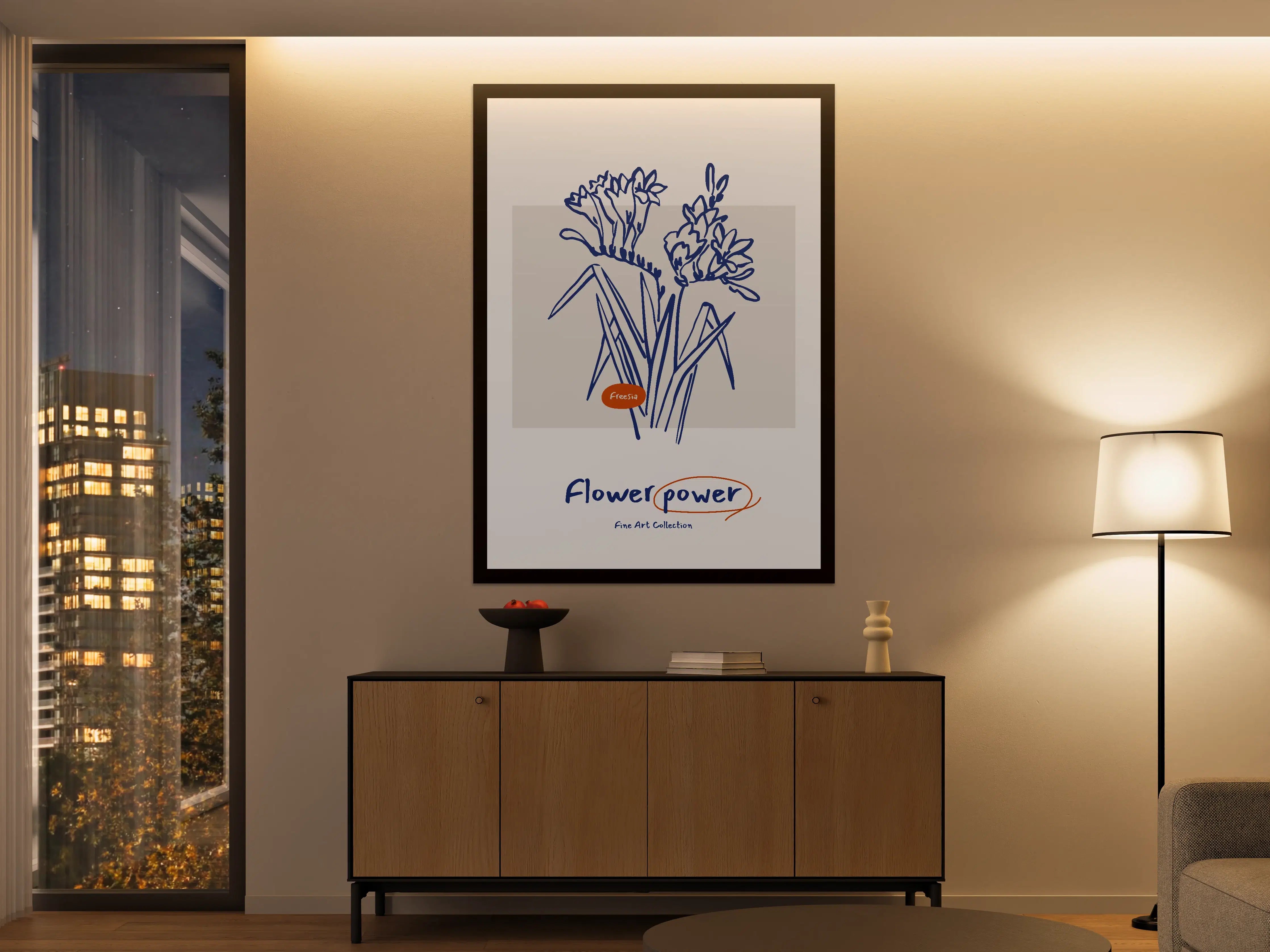 Große Wandbilder - Blumenzeichnung in Blau und Beige