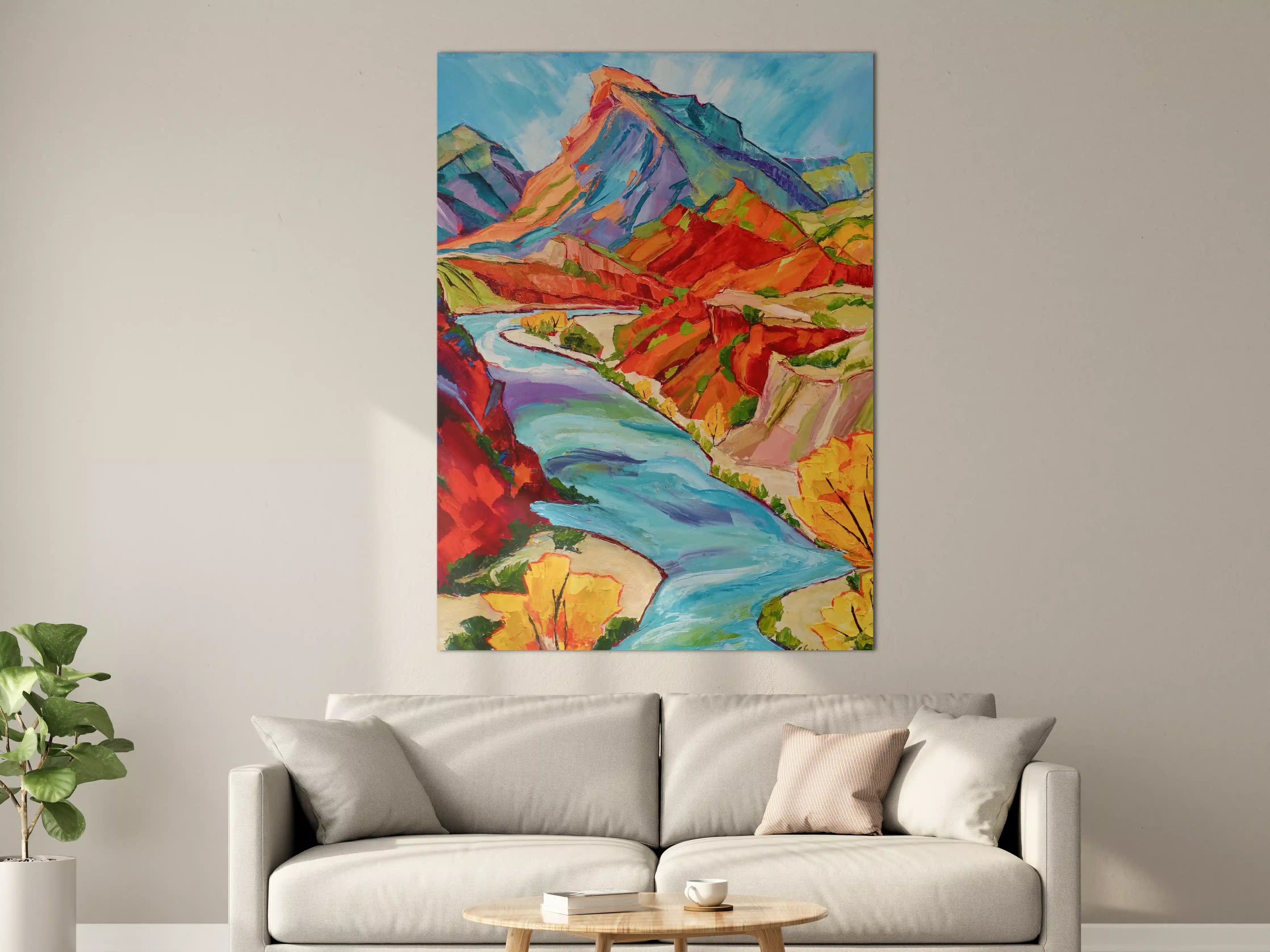 Große Wandbilder - Bunte Berglandschaft mit Fluss