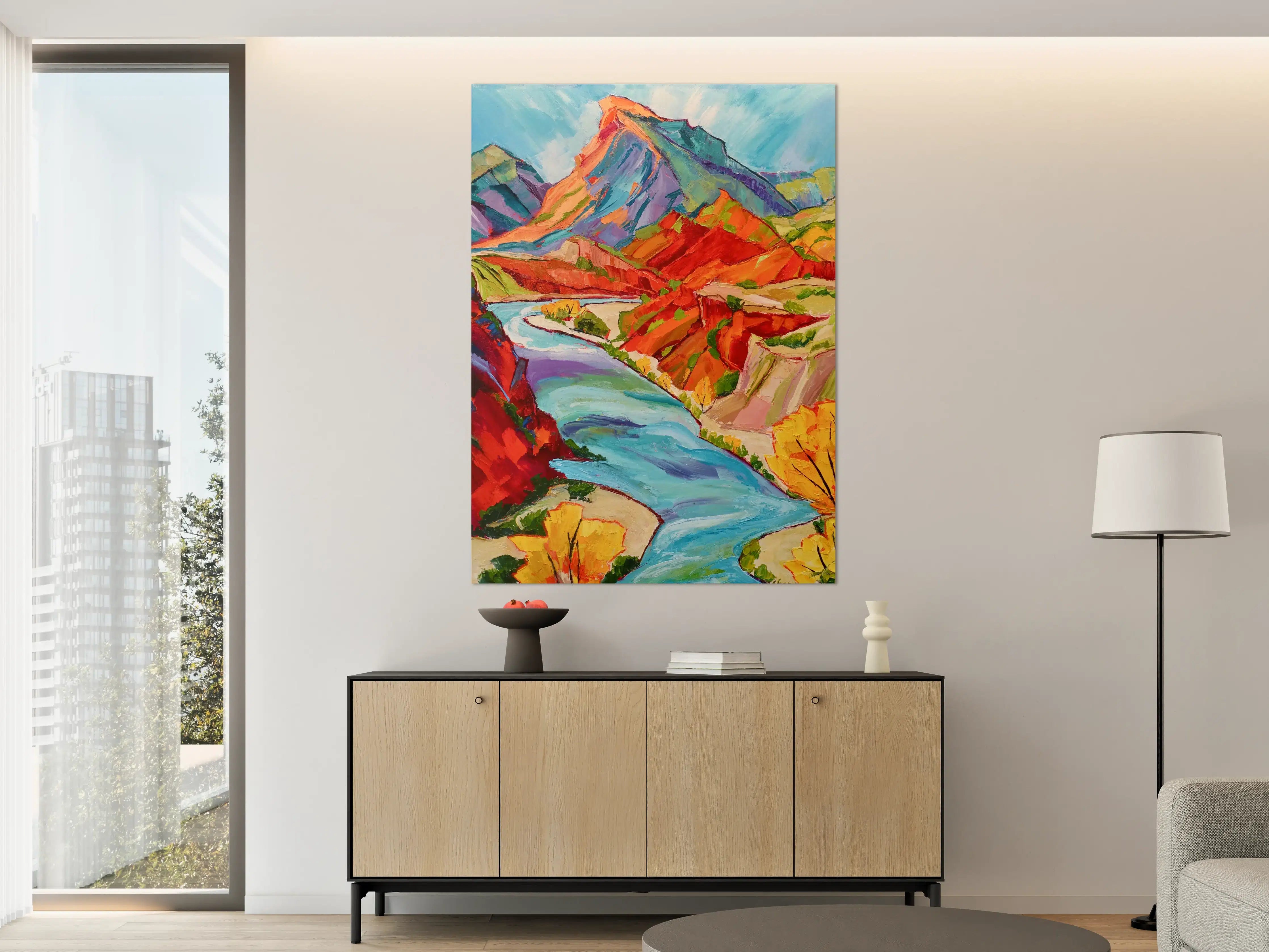 Große Wandbilder - Bunte Berglandschaft mit Fluss