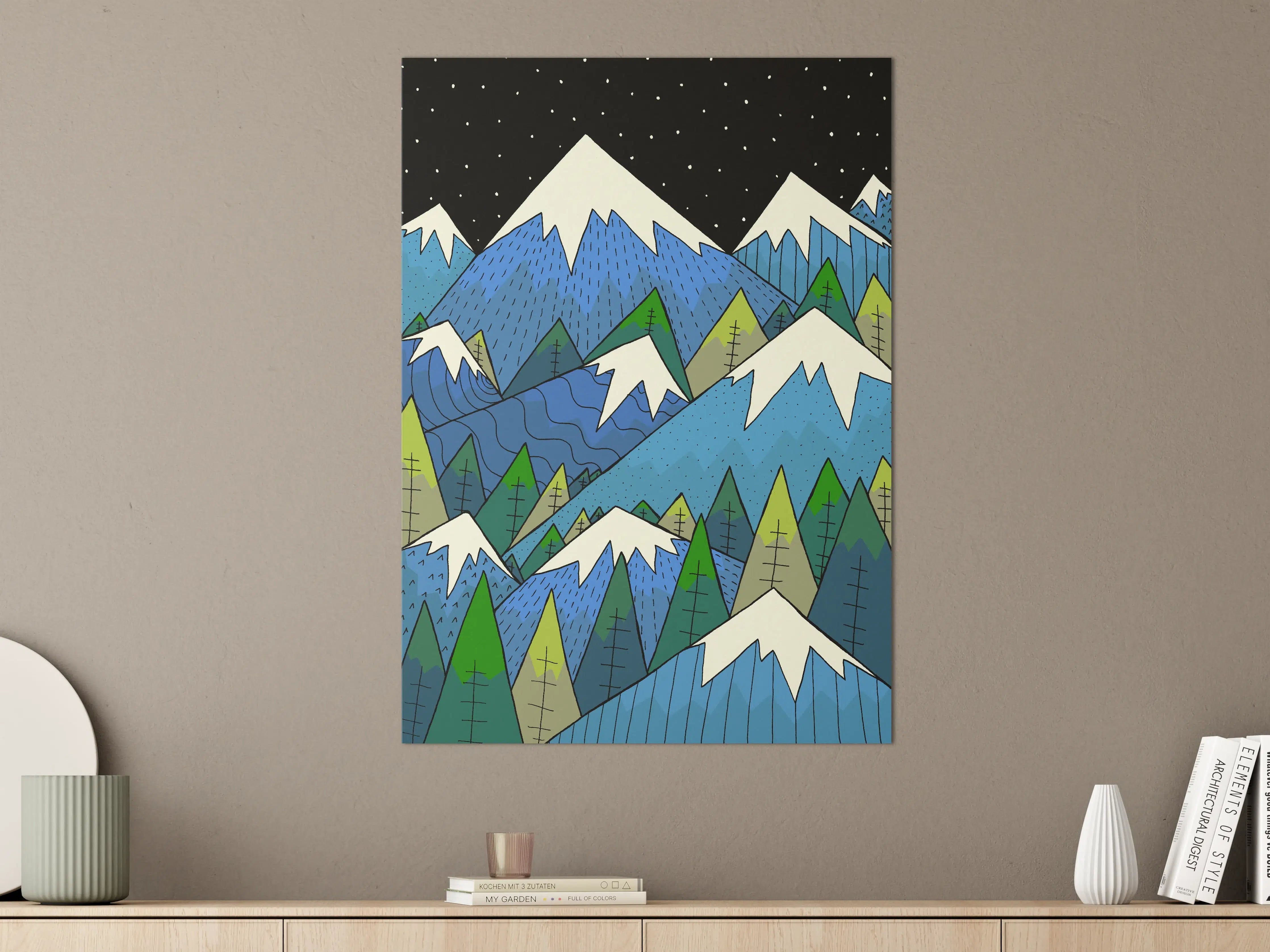 Große Wandbilder - Bunte Berglandschaft mit Schneegipfeln
