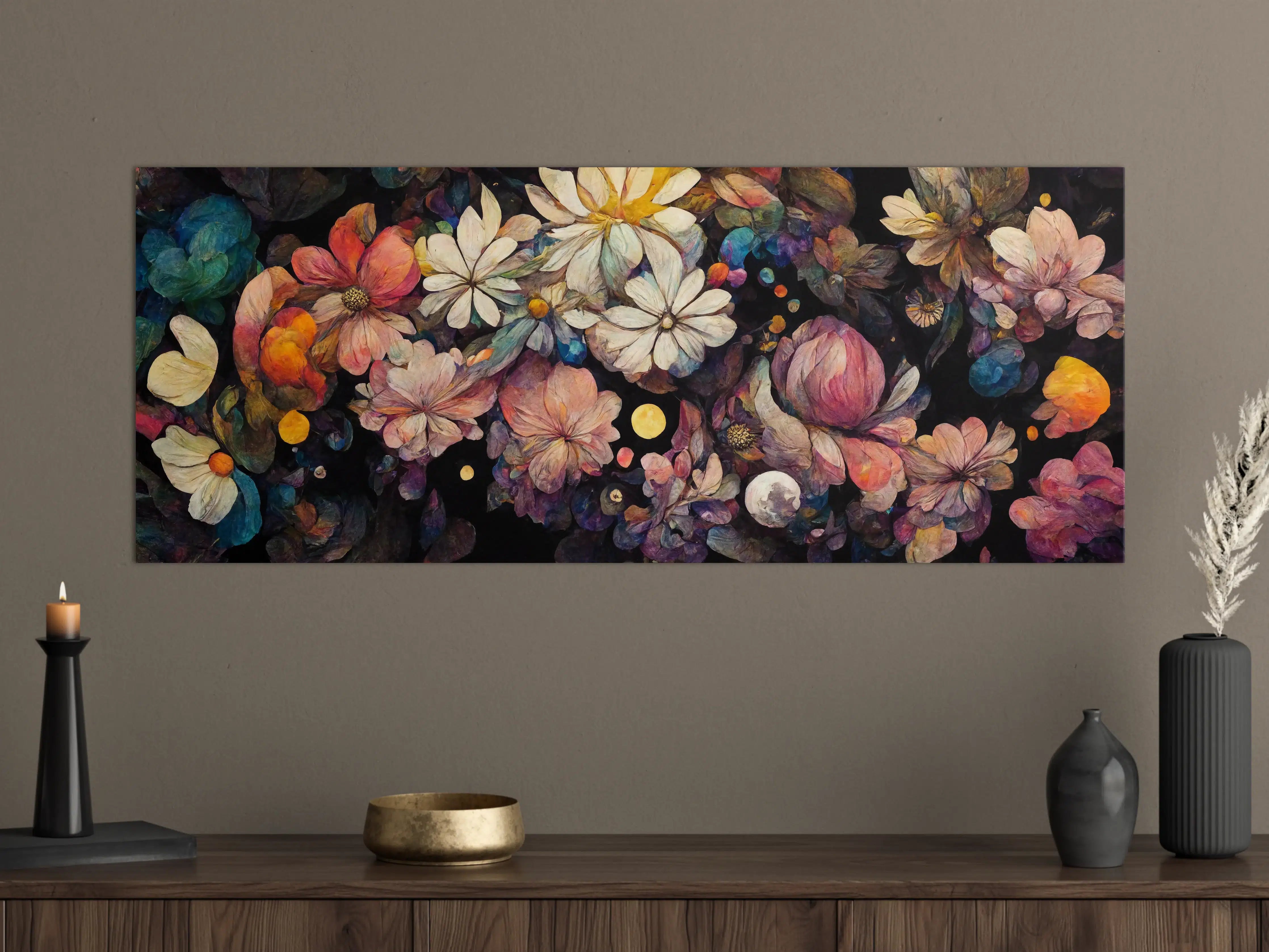 Große Wandbilder - Bunte Blumen im dunklen Hintergrund