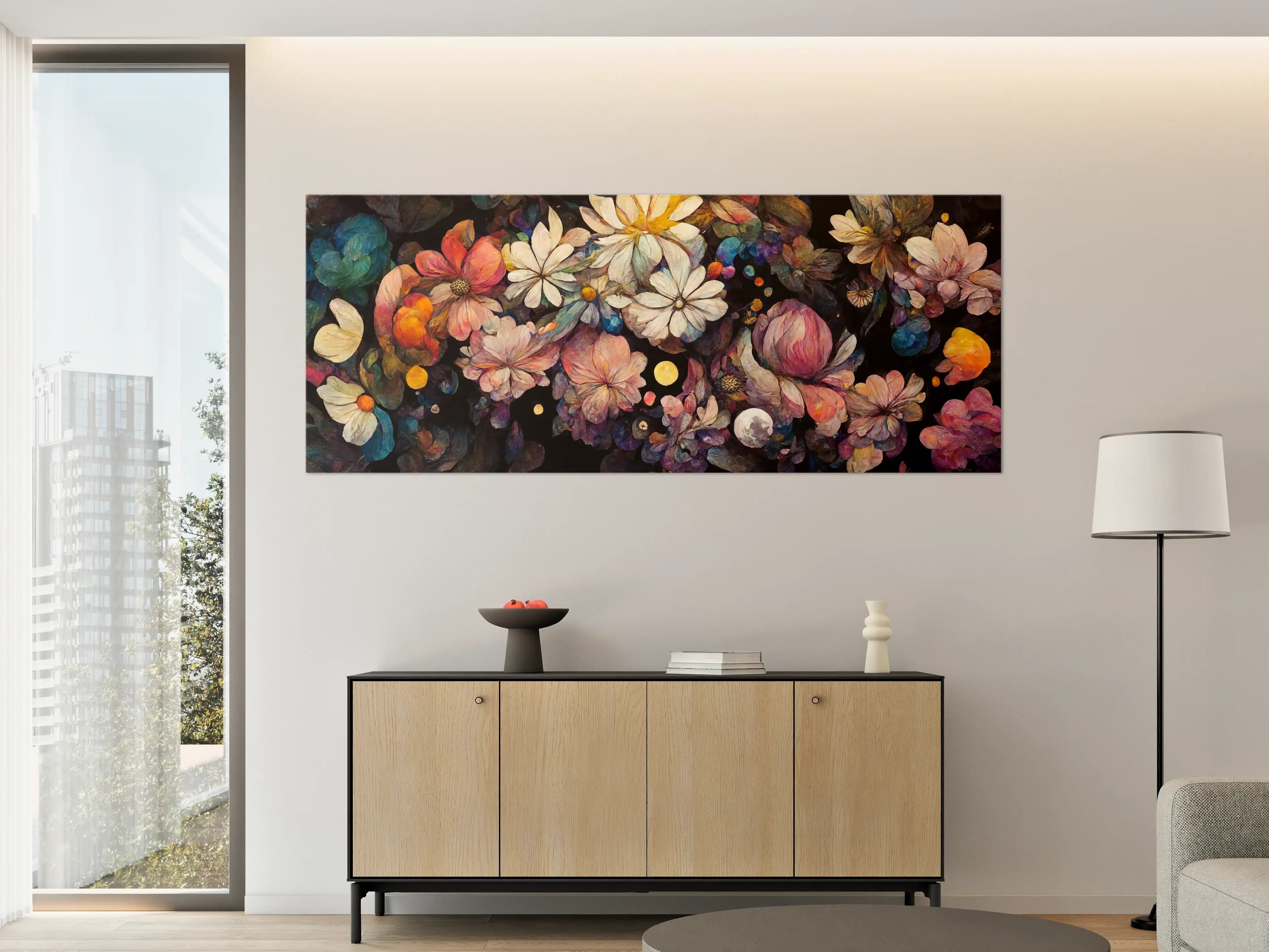 Große Wandbilder - Bunte Blumen im dunklen Hintergrund