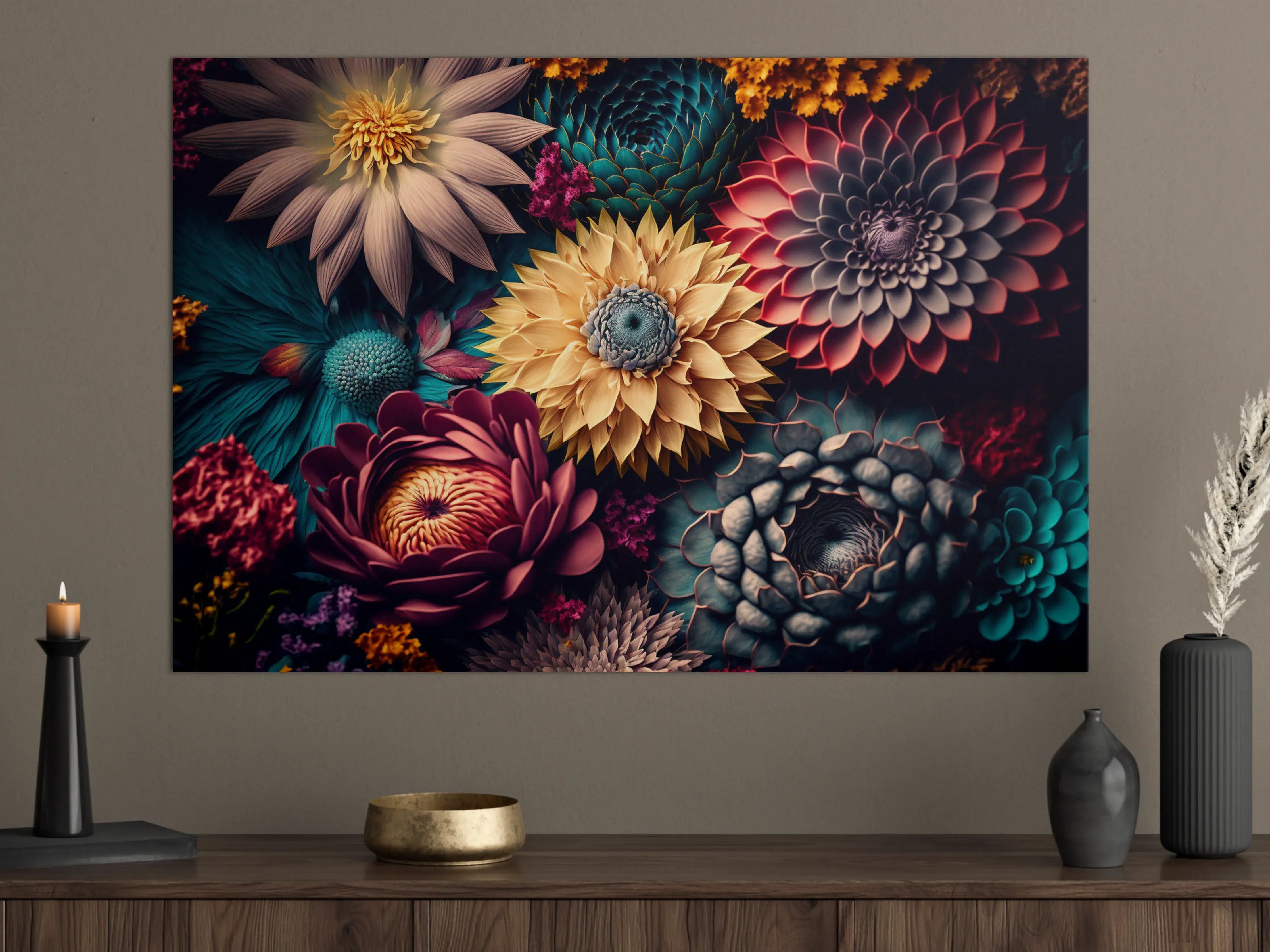 Große Wandbilder - Bunte Blumenvielfalt in dunklem Licht
