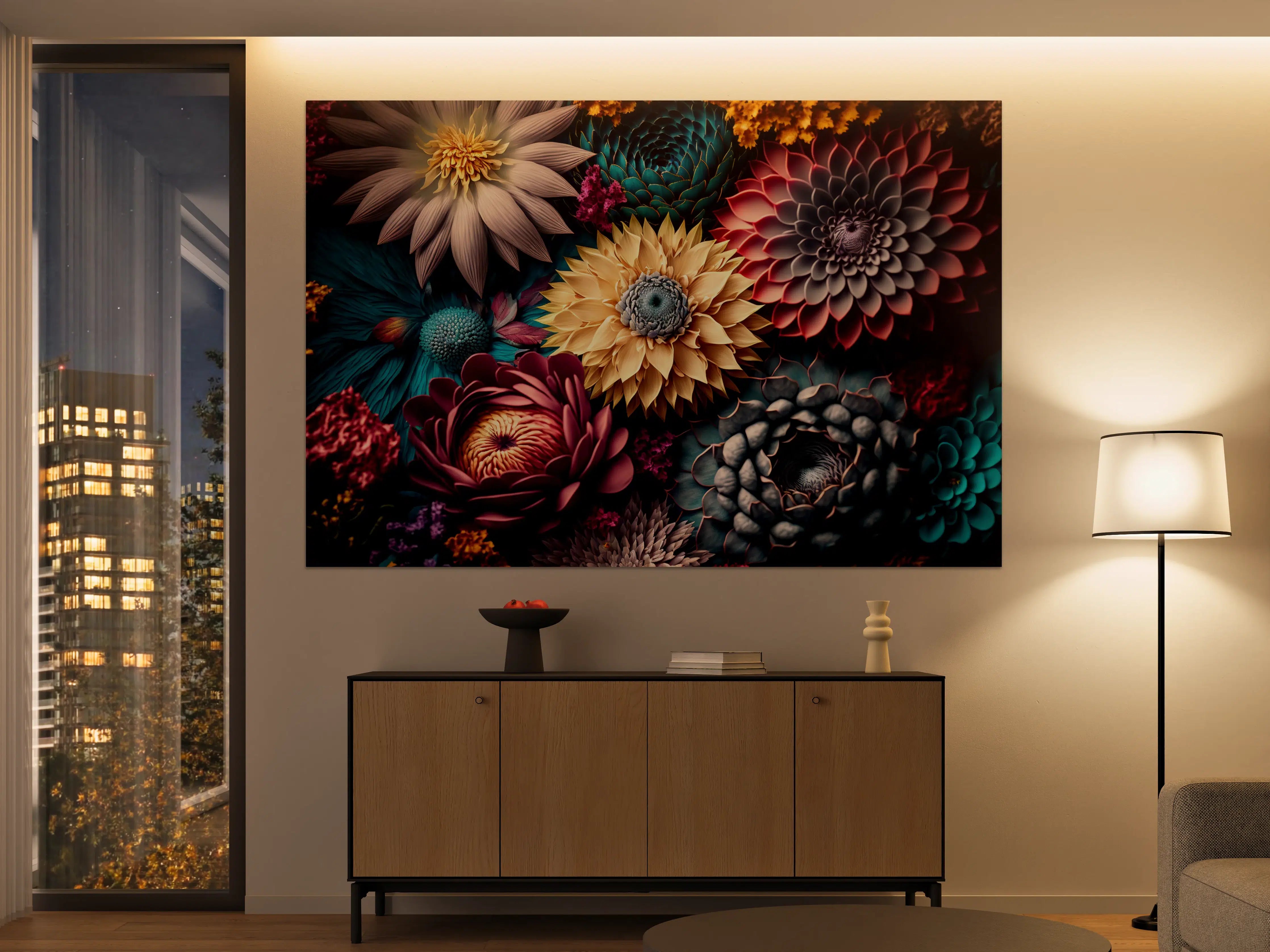 Große Wandbilder - Bunte Blumenvielfalt in dunklem Licht