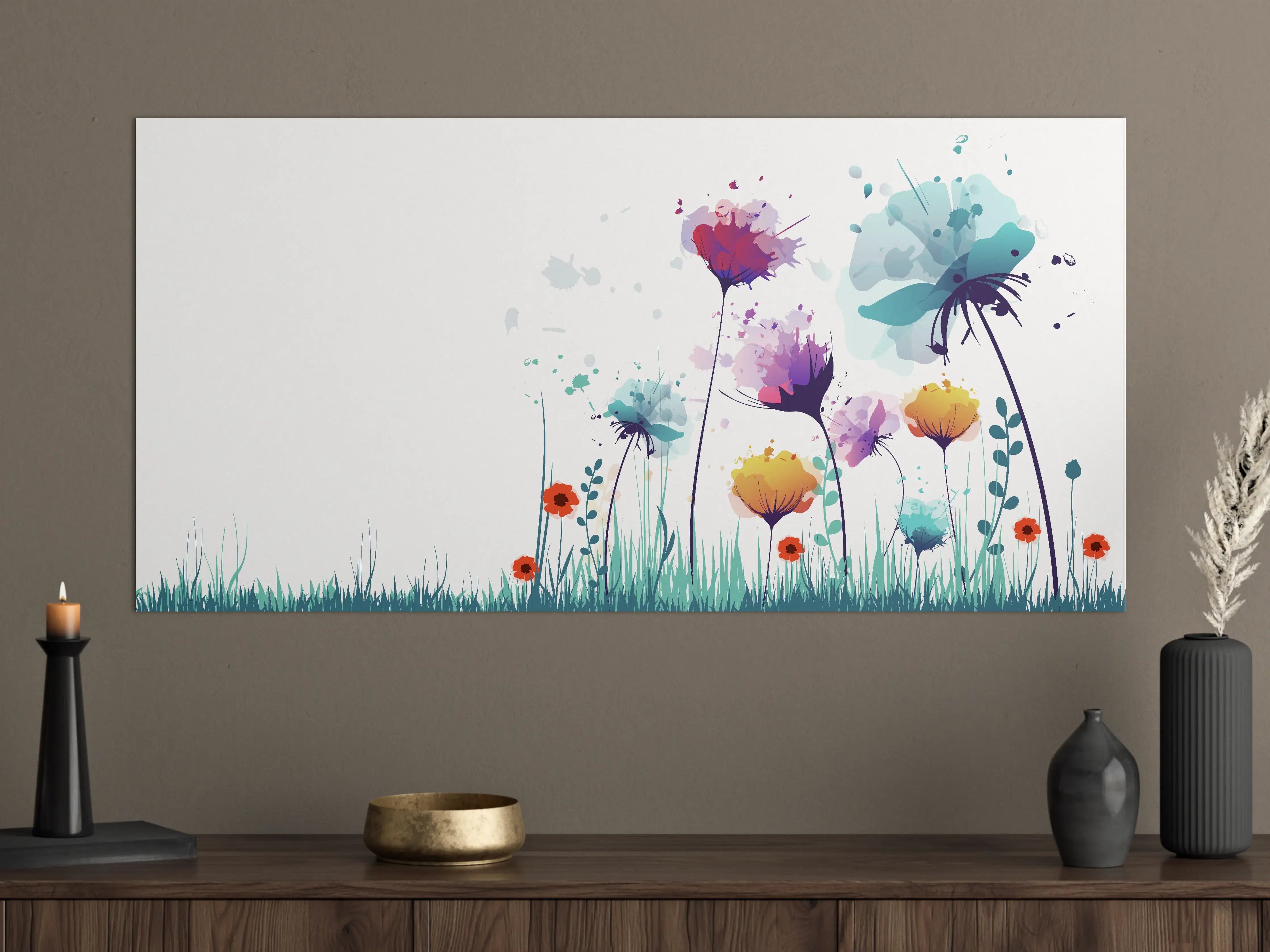 Große Wandbilder - Bunte Blumenwiese mit Wasserfarbeffekten