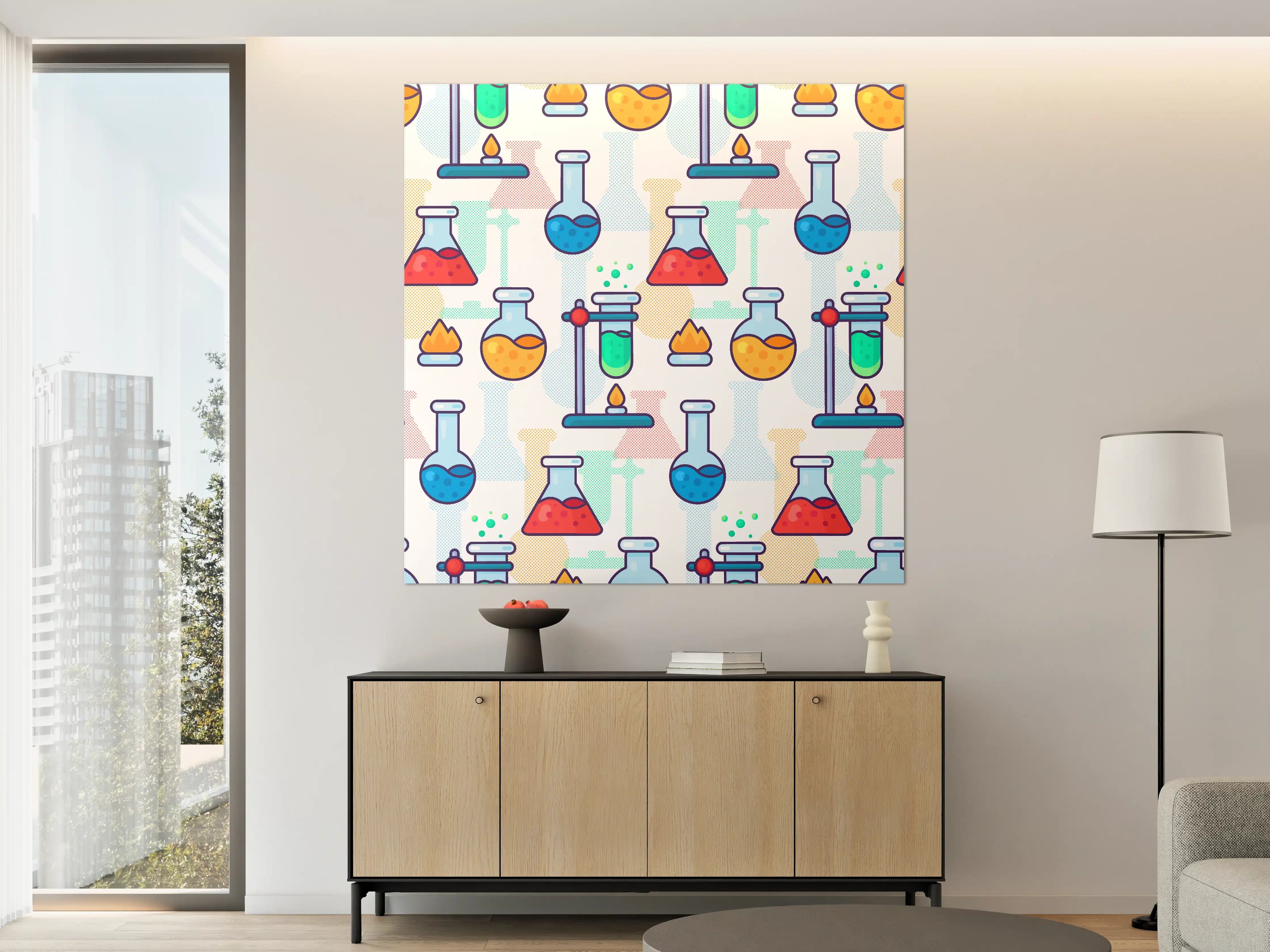 Große Wandbilder - Bunte Chemie-Illustration mit Glasflaschen