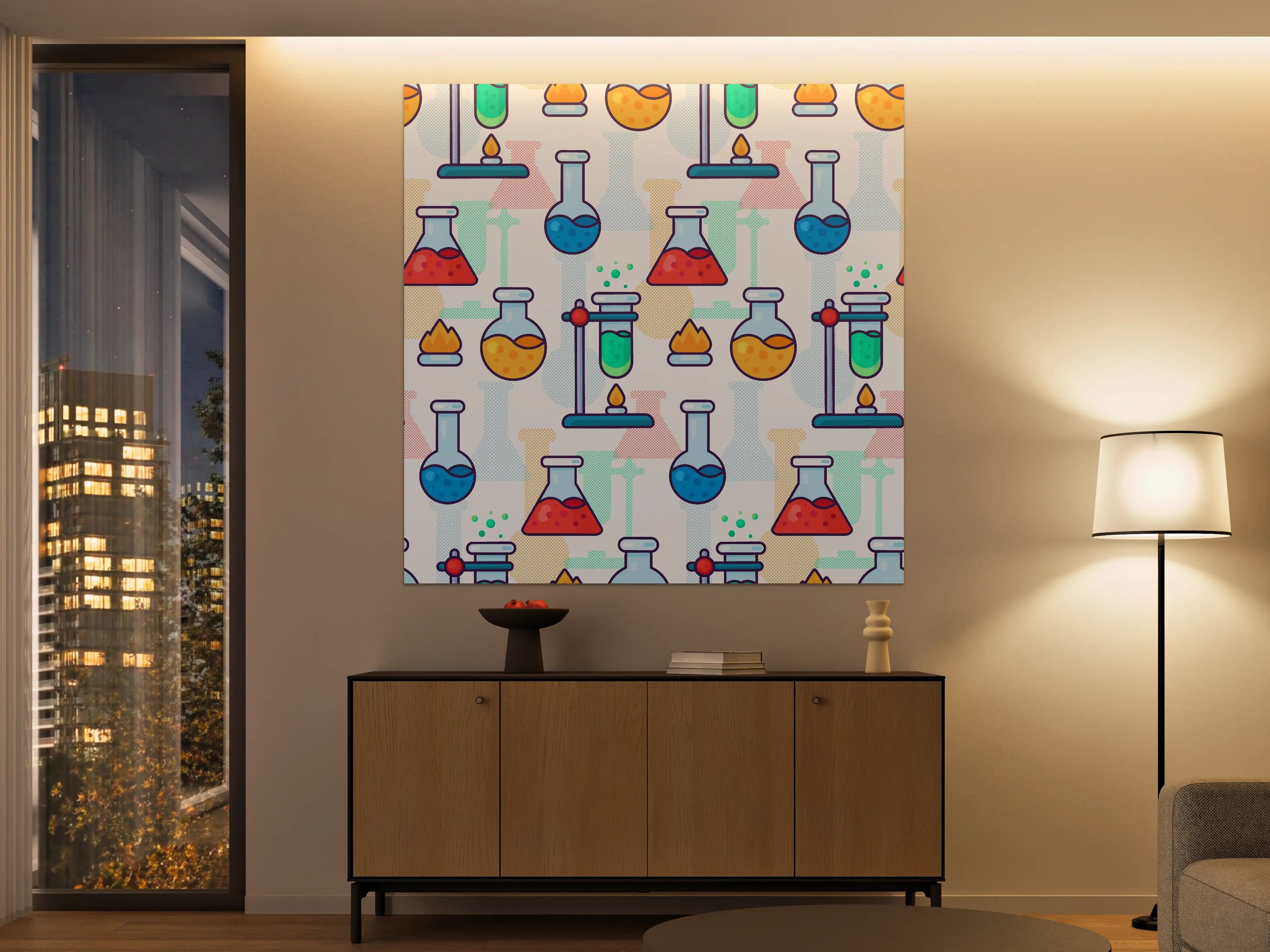 Große Wandbilder - Bunte Chemie-Illustration mit Glasflaschen