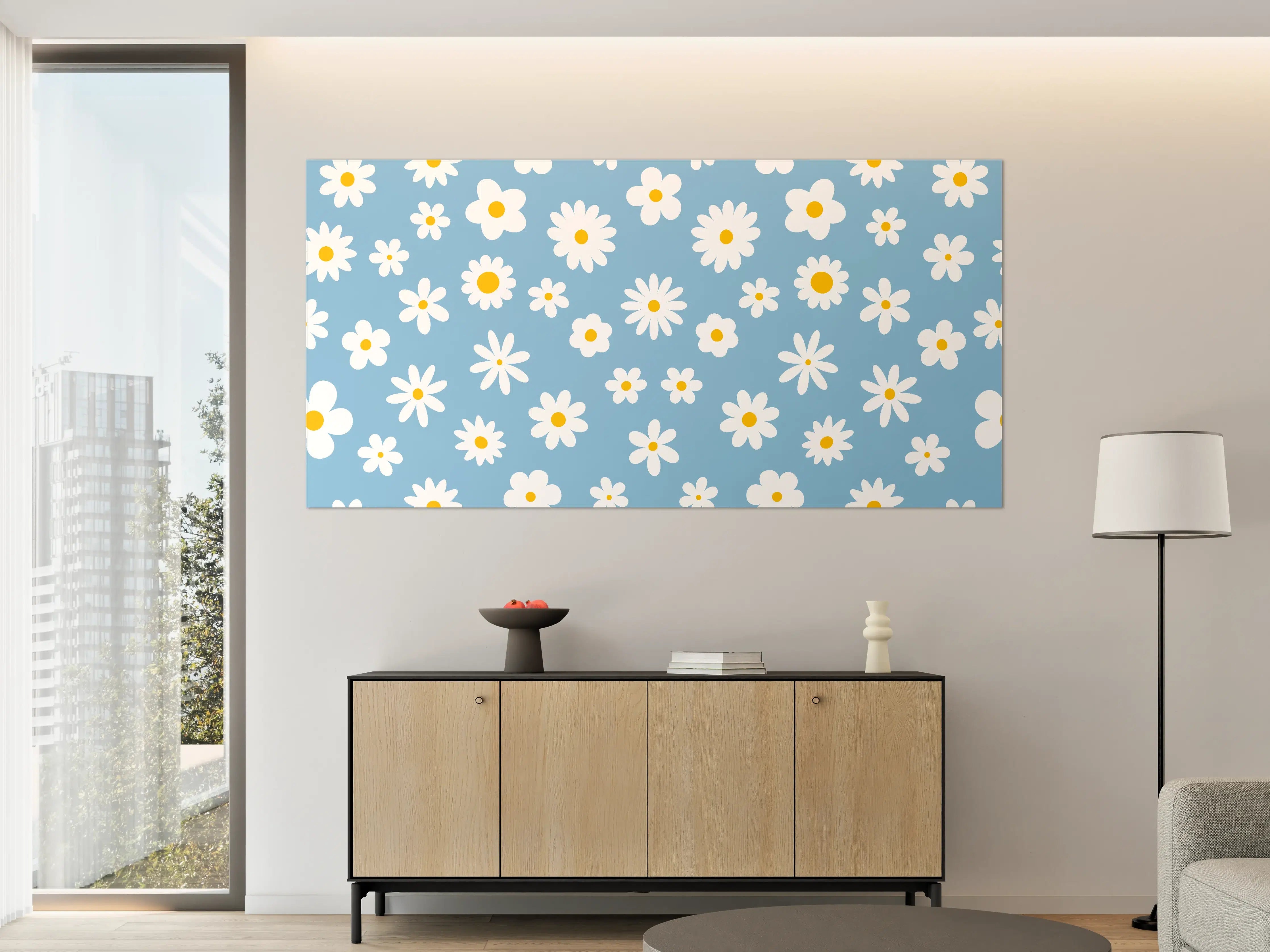 Große Wandbilder - Bunte Gänseblümchen auf Himmelblau