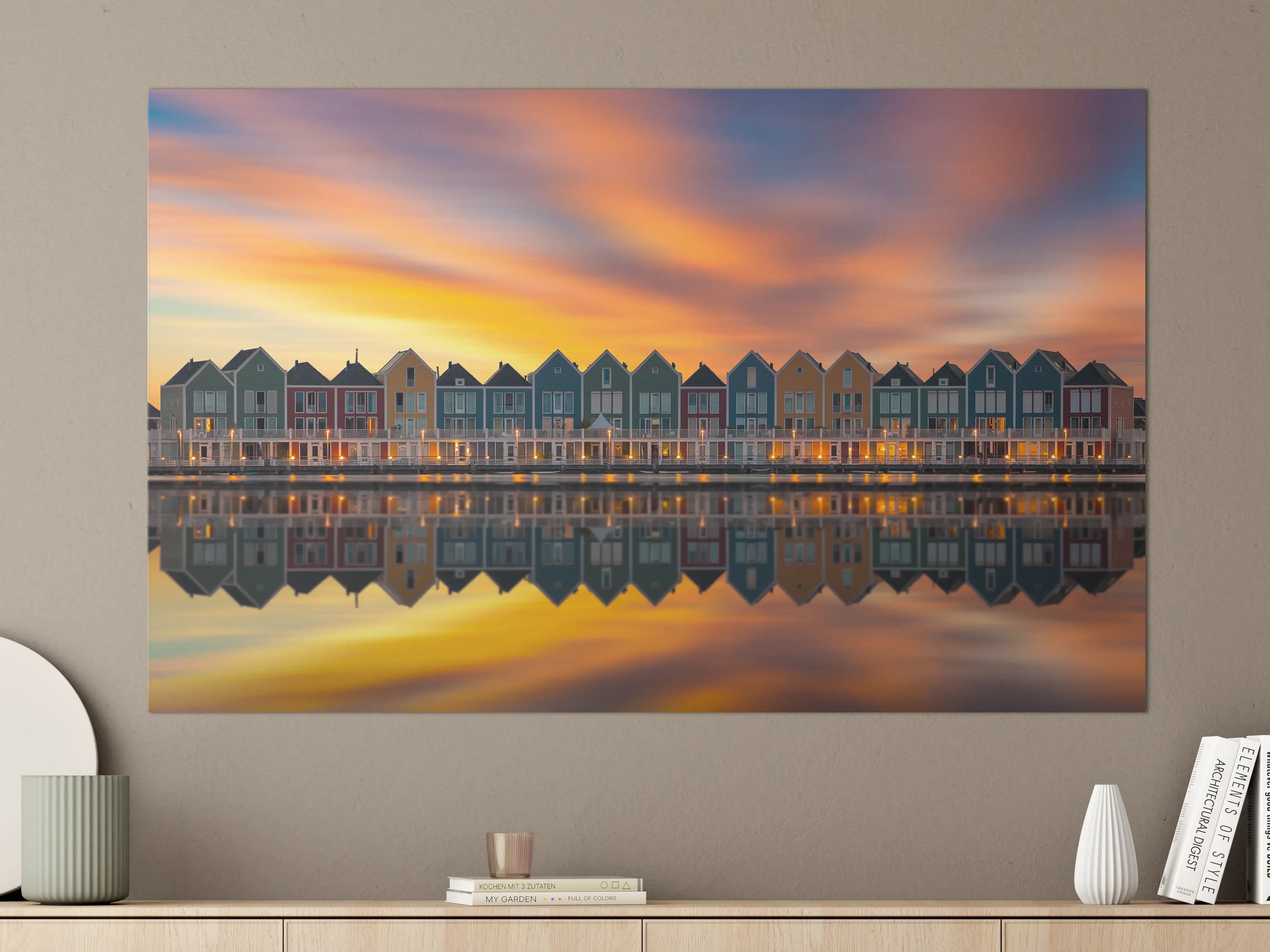 Große Wandbilder - Bunte Häuser am Wasser bei Sonnenuntergang