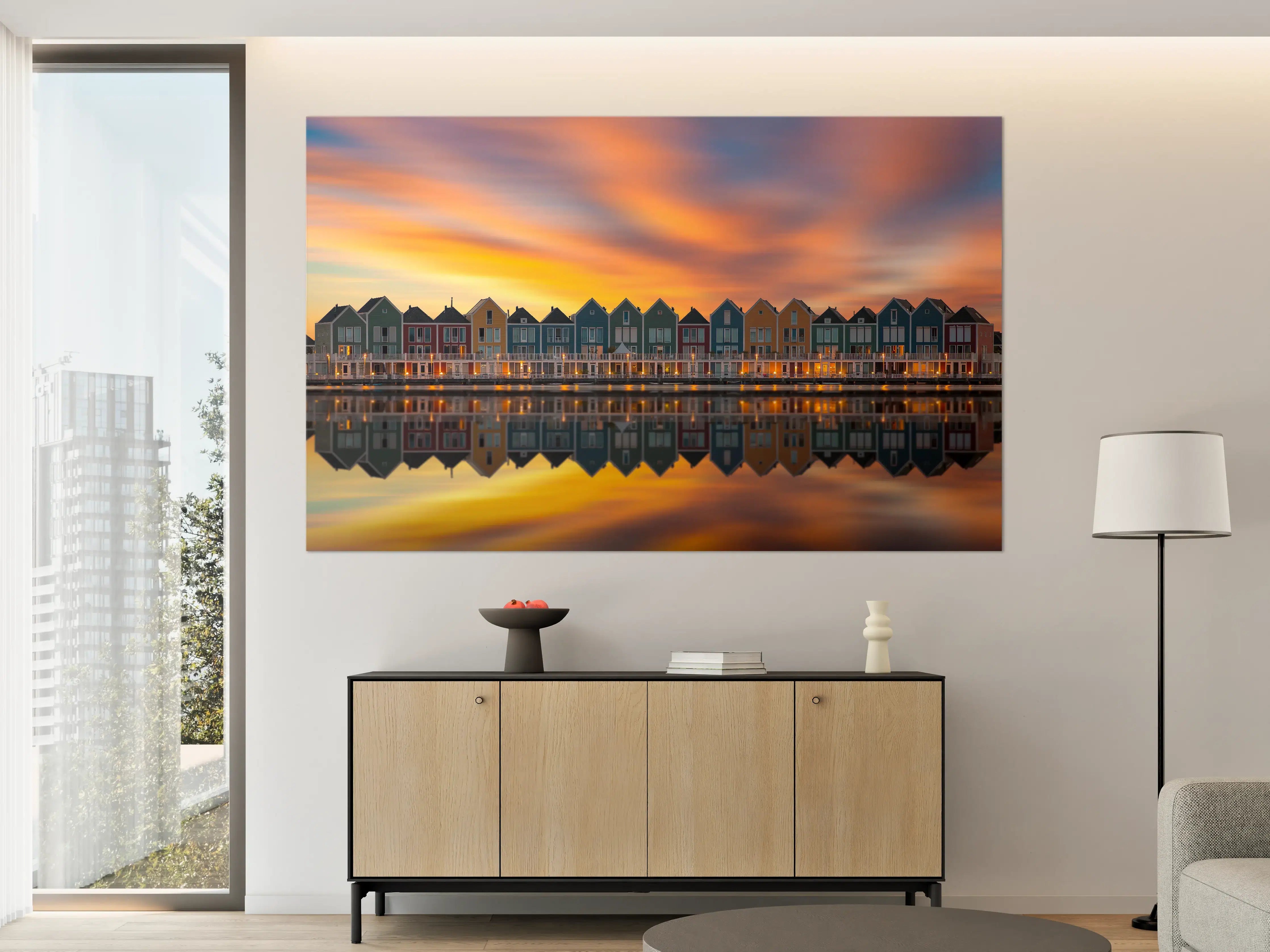Große Wandbilder - Bunte Häuser am Wasser bei Sonnenuntergang
