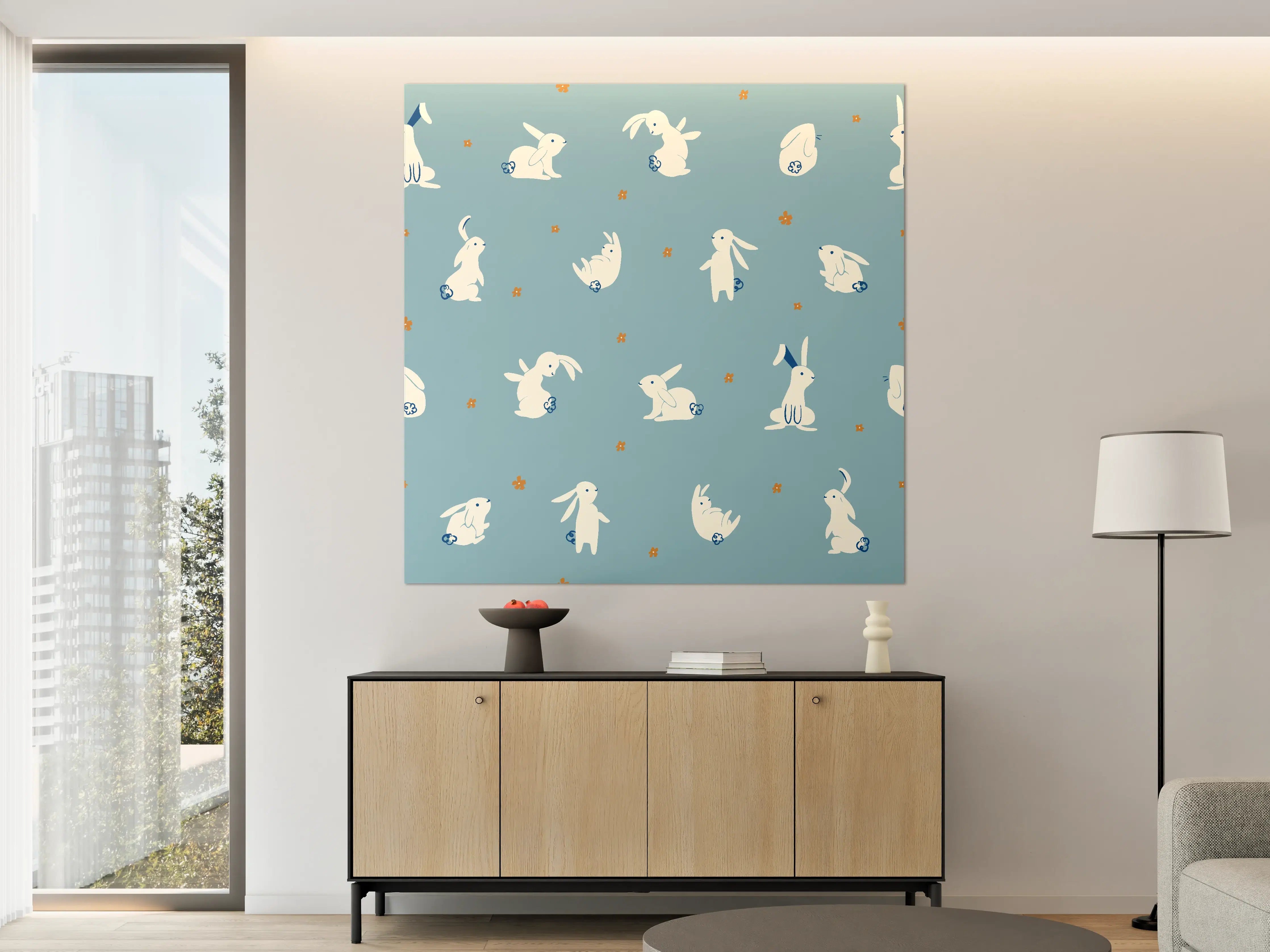 Große Wandbilder - Bunte Hasen auf Blau mit kleinen Blumen