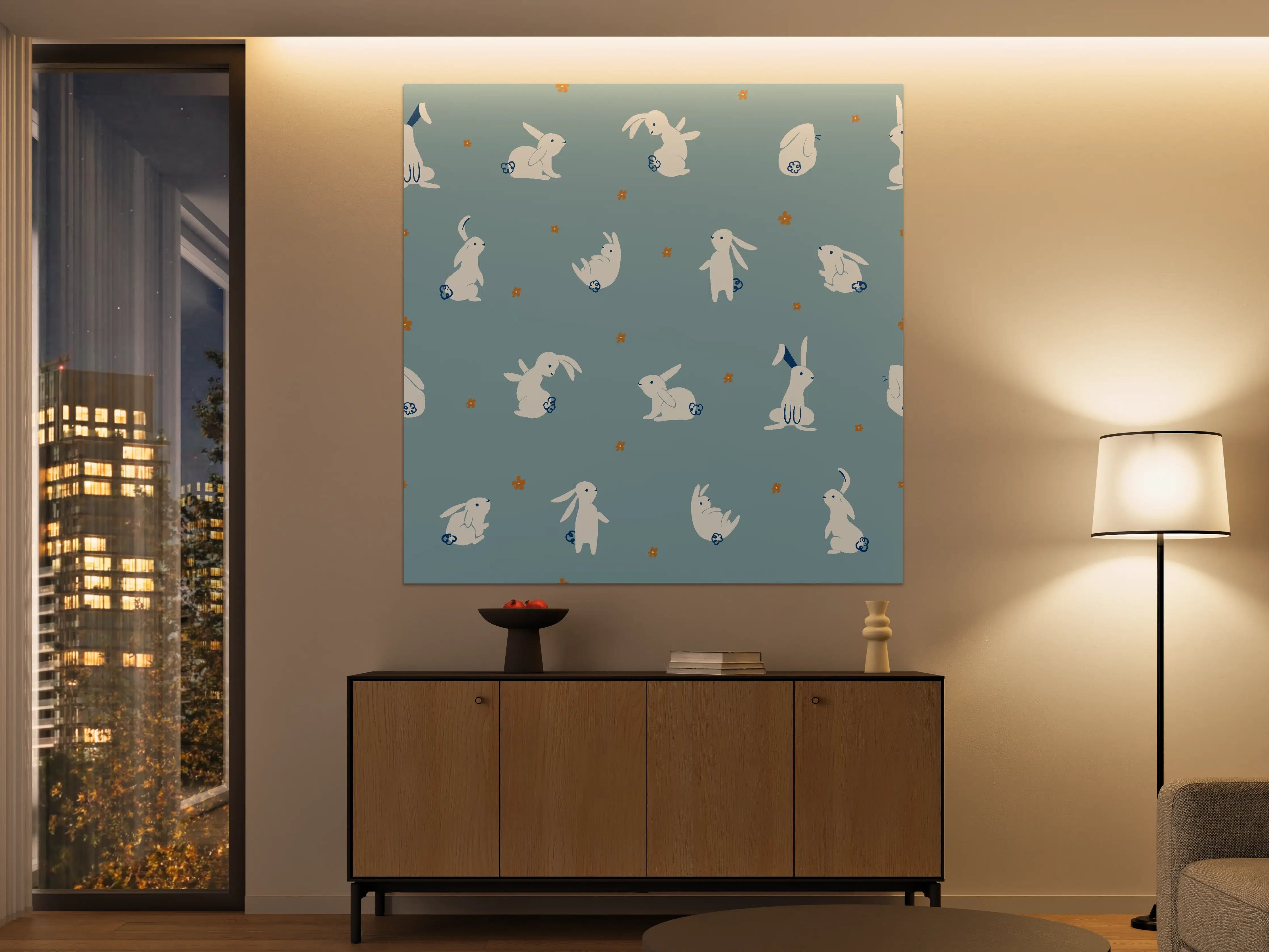 Große Wandbilder - Bunte Hasen auf Blau mit kleinen Blumen