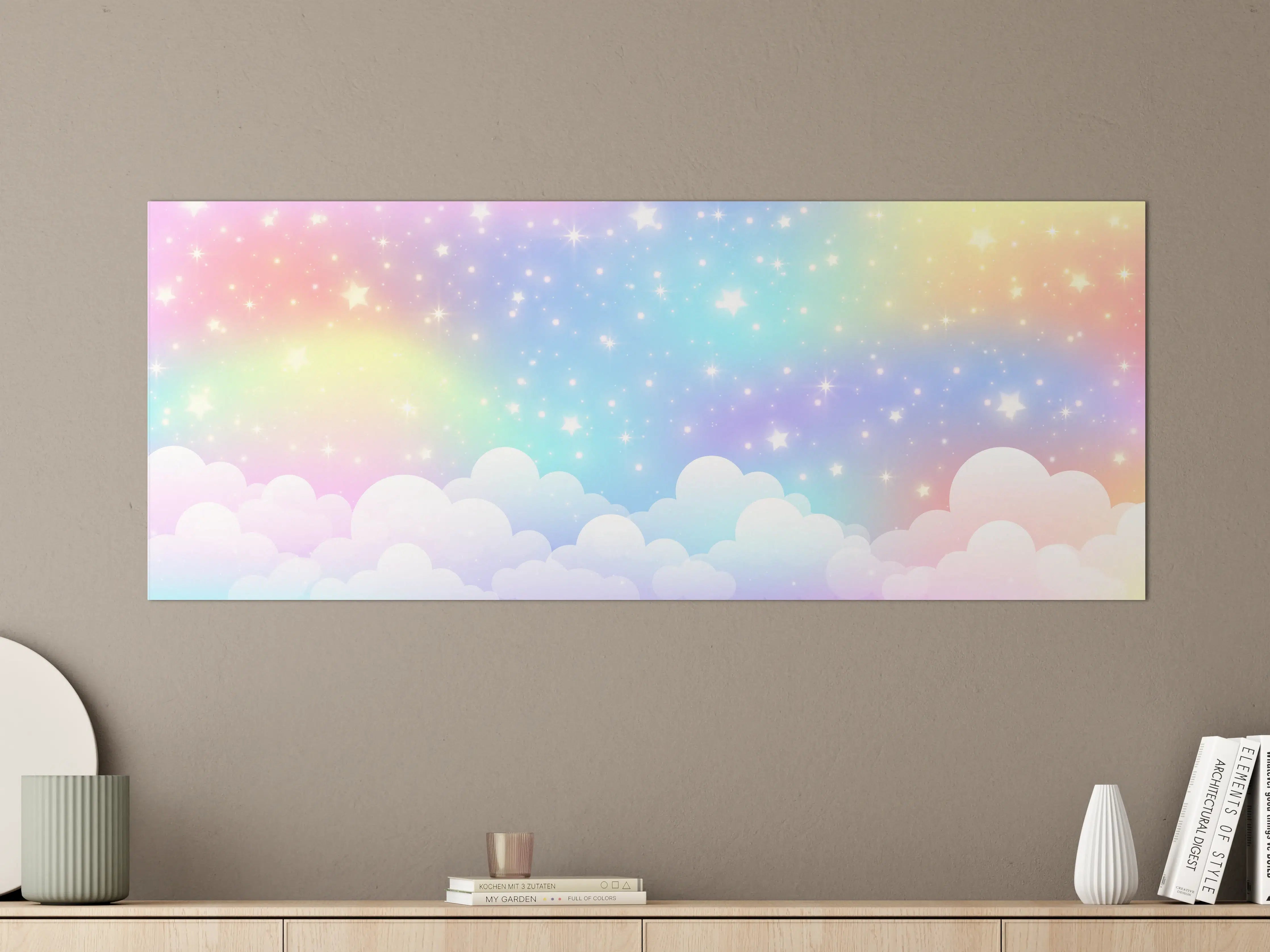 Große Wandbilder - Bunte Himmelsszene mit Regenbogen und Sternen