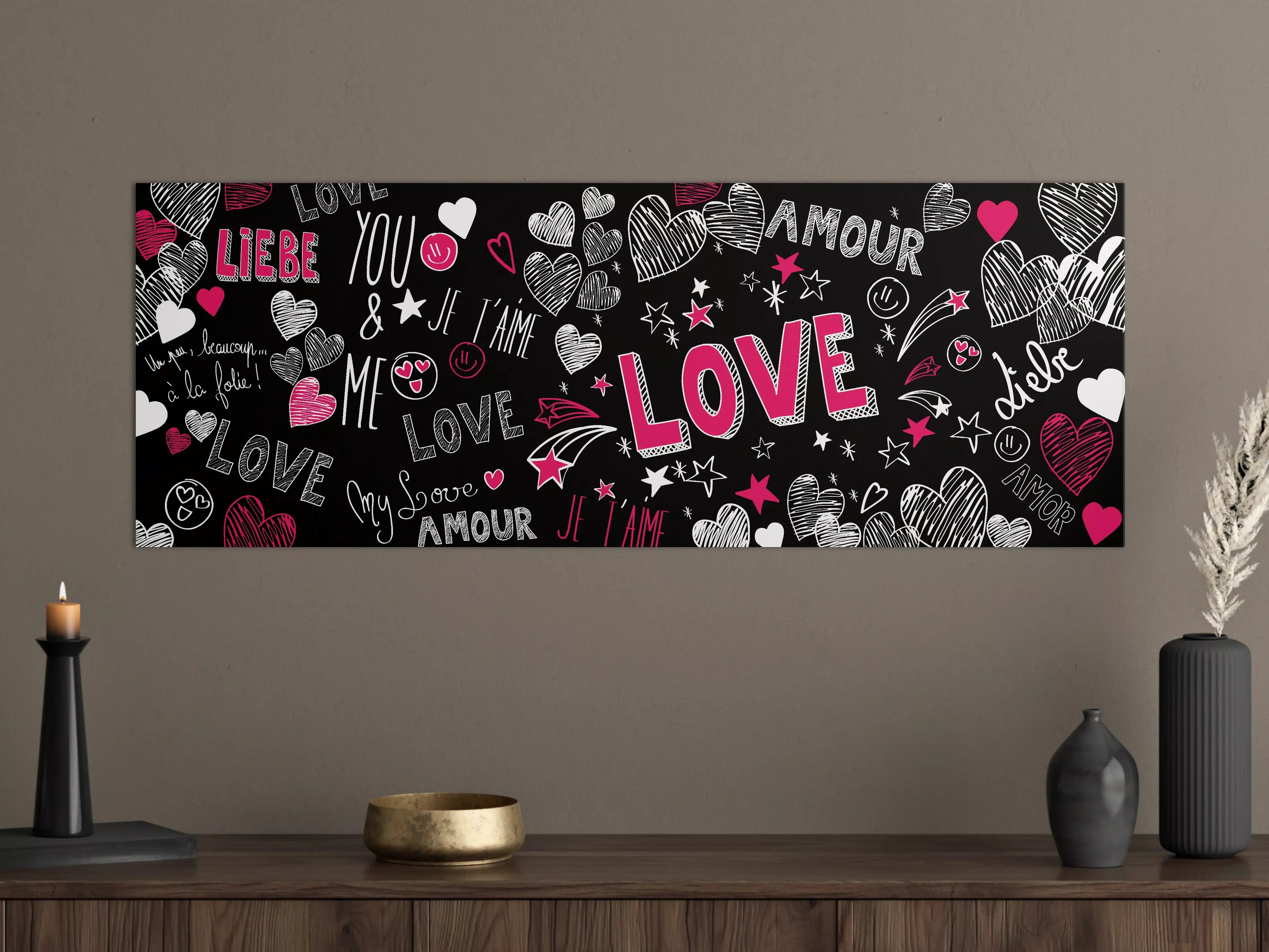 Große Wandbilder - Bunte Liebe Herzen Schrift Banner