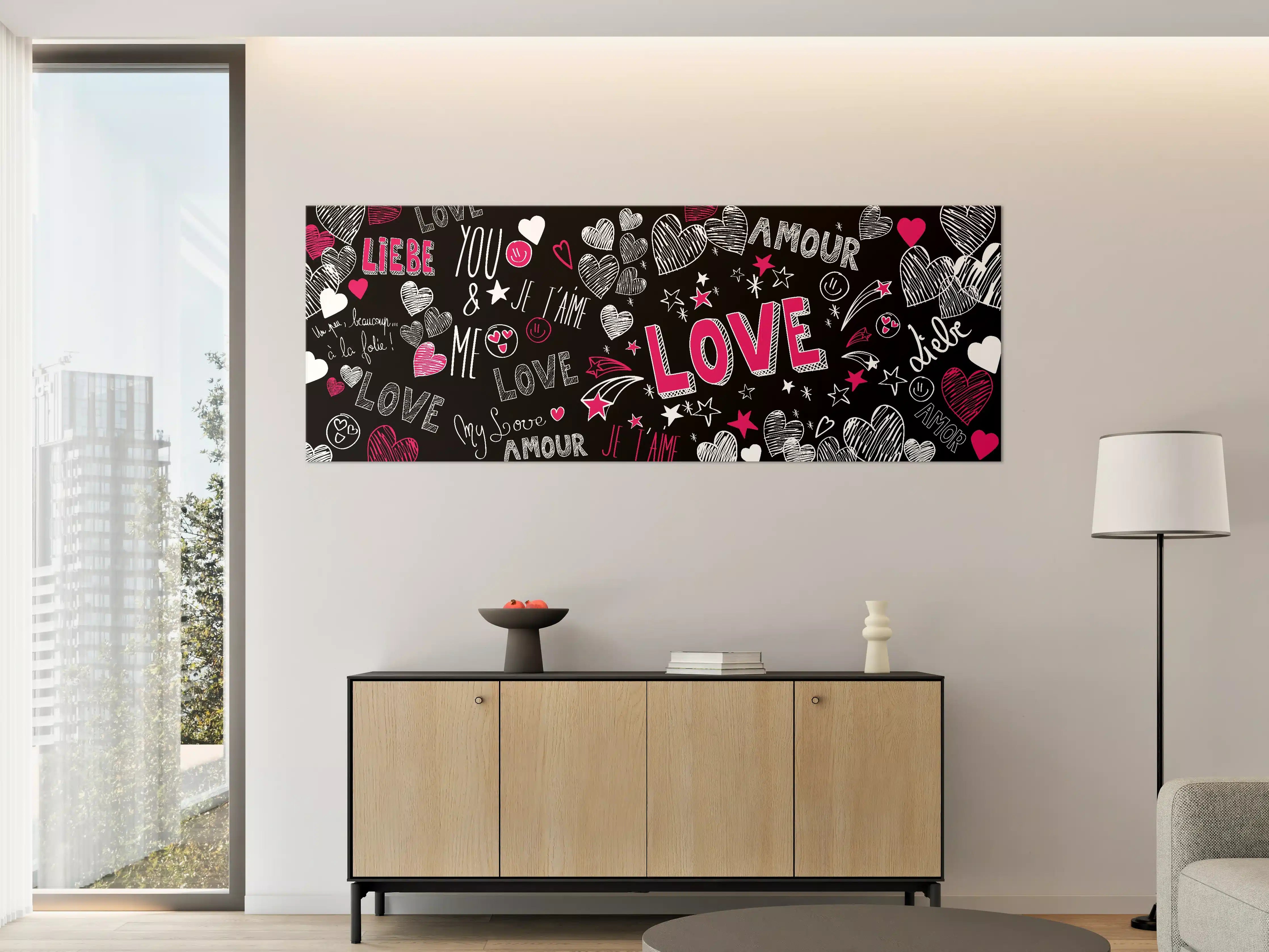 Große Wandbilder - Bunte Liebe Herzen Schrift Banner