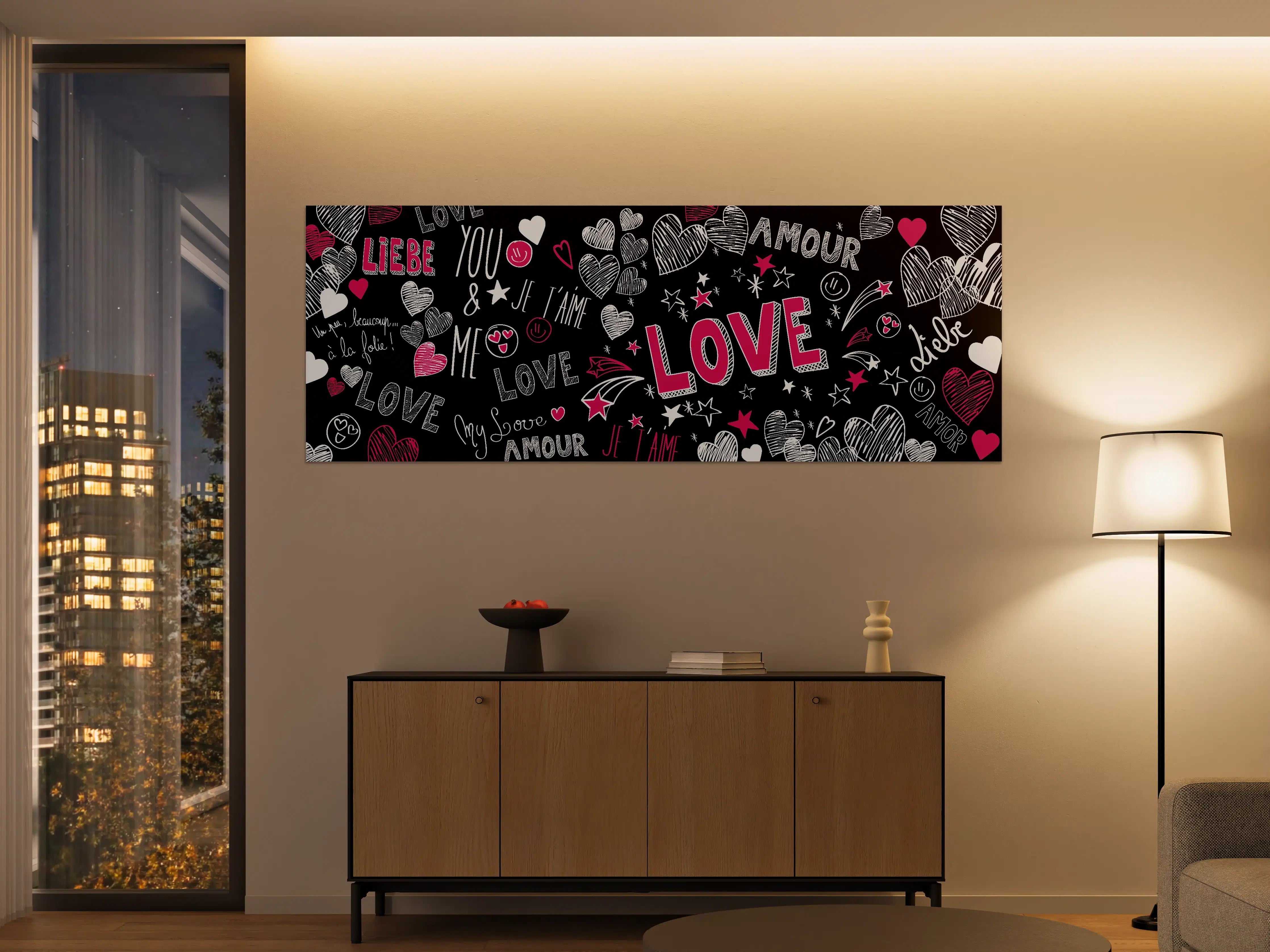 Große Wandbilder - Bunte Liebe Herzen Schrift Banner