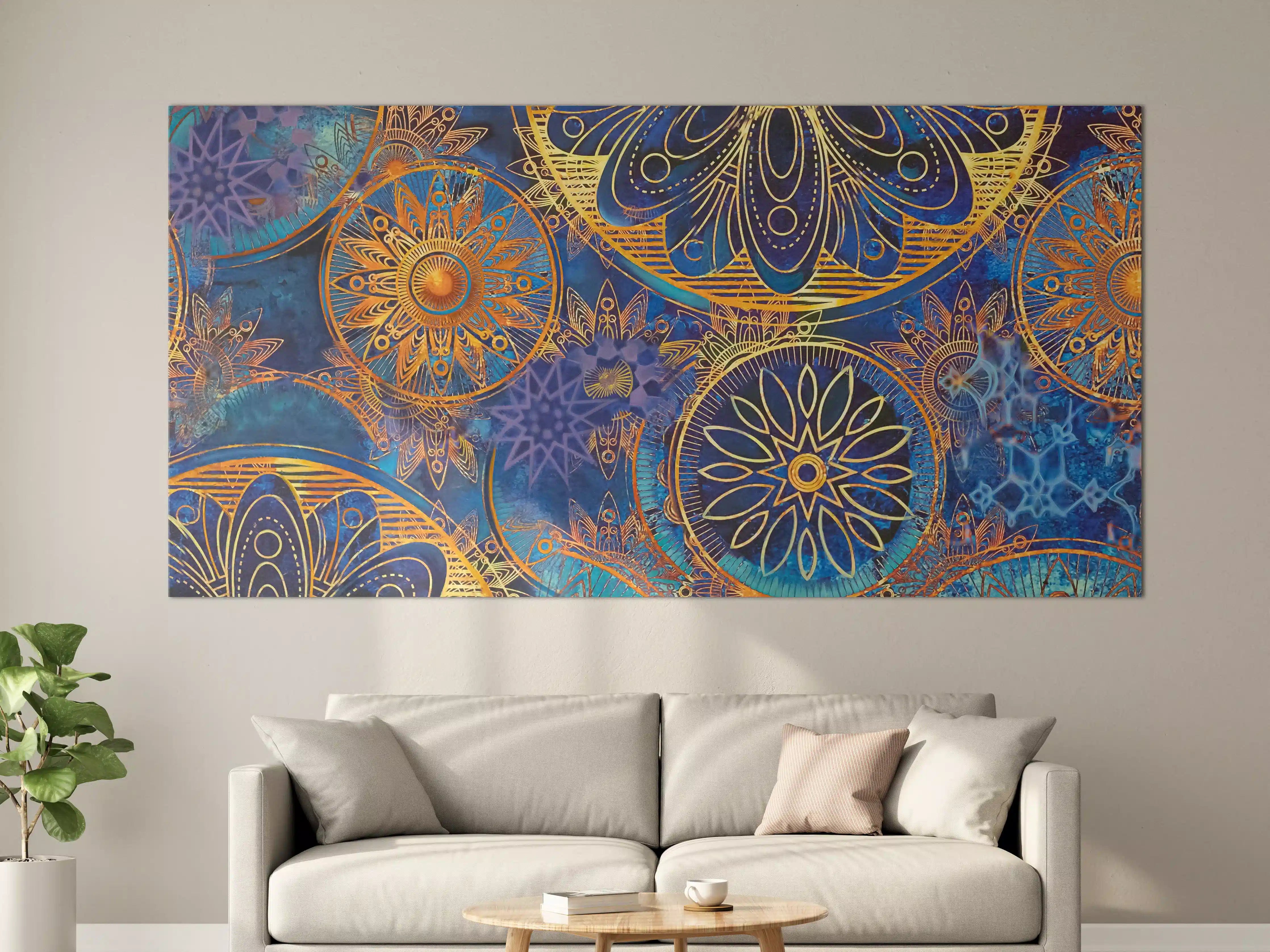 Große Wandbilder - Bunte Mandala-Muster in Blau und Gold