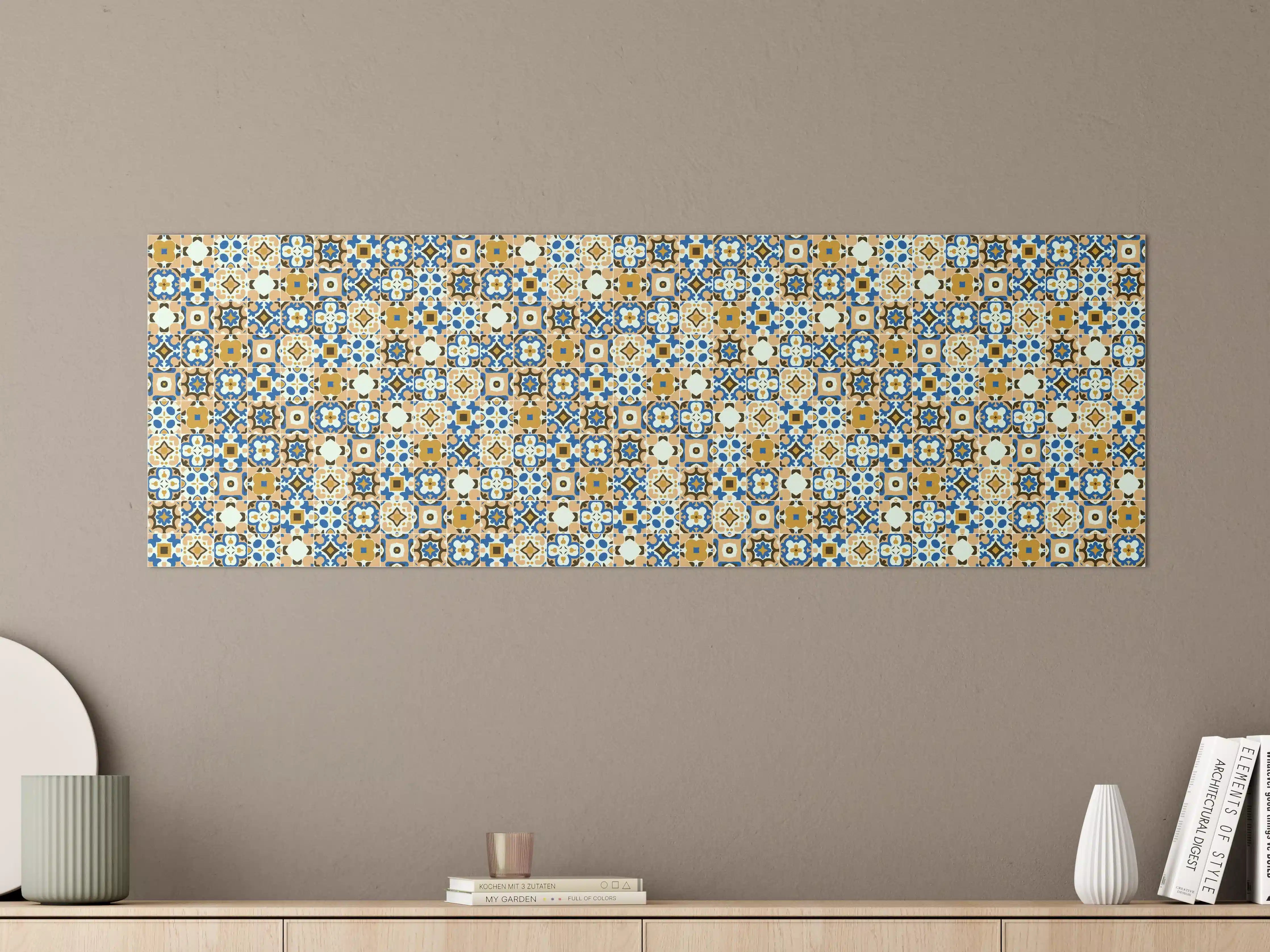 Große Wandbilder - Bunte Mosaikfliesen mit goldenen und blauen Mustern