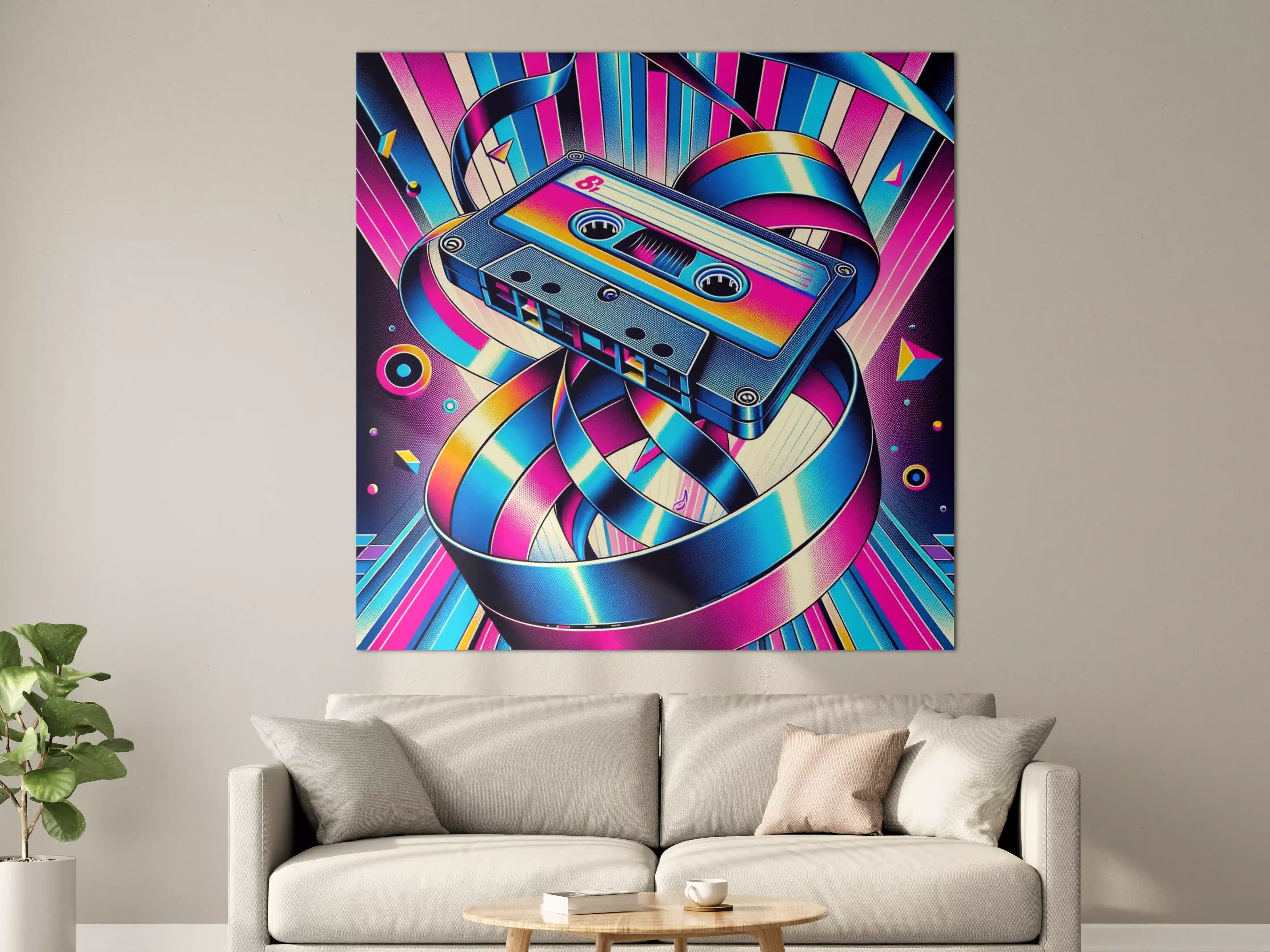 Große Wandbilder - Bunte Retro-Kassette mit Neon-Lichter