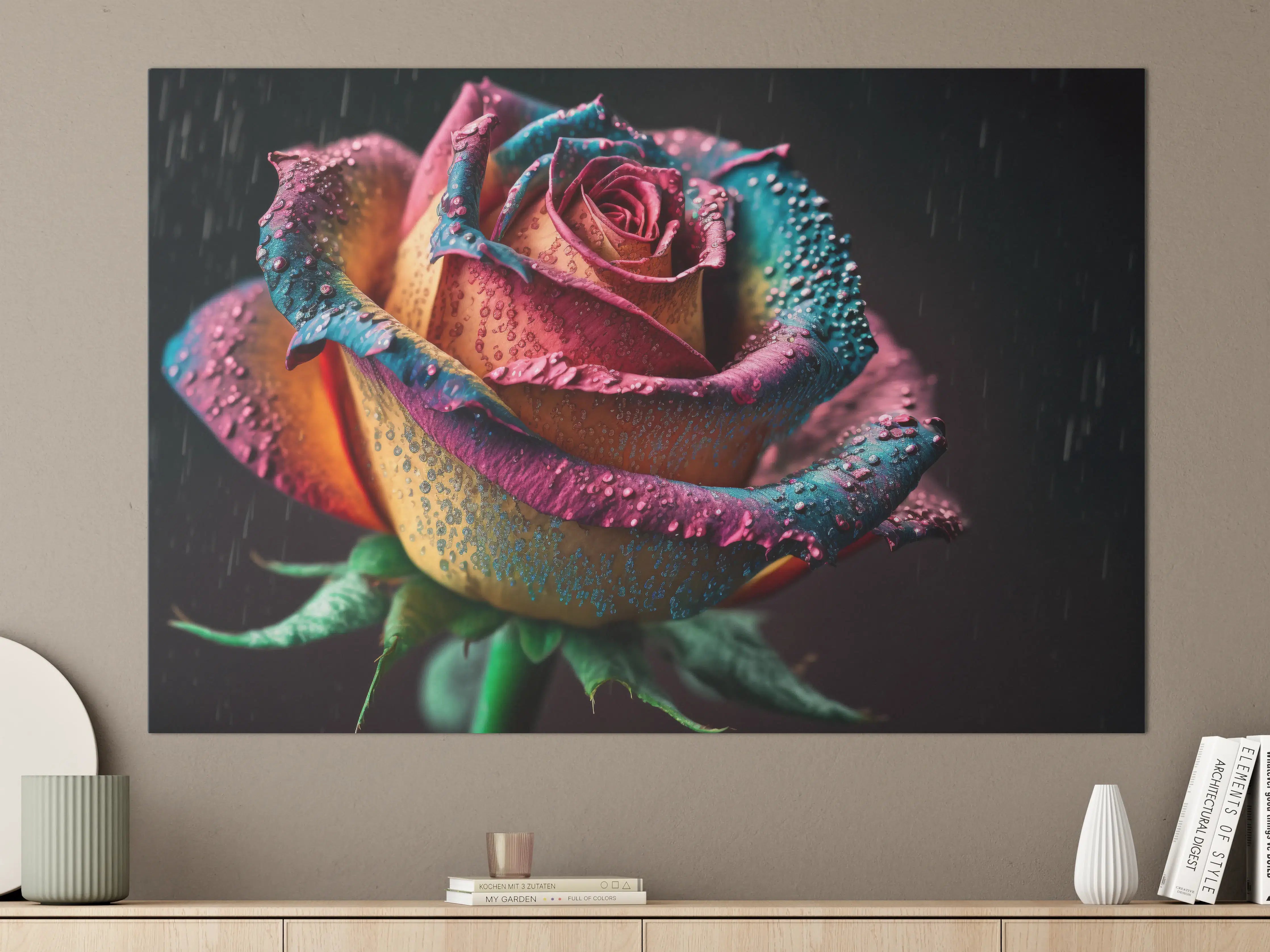 Große Wandbilder - Bunte Rose mit Wassertropfen