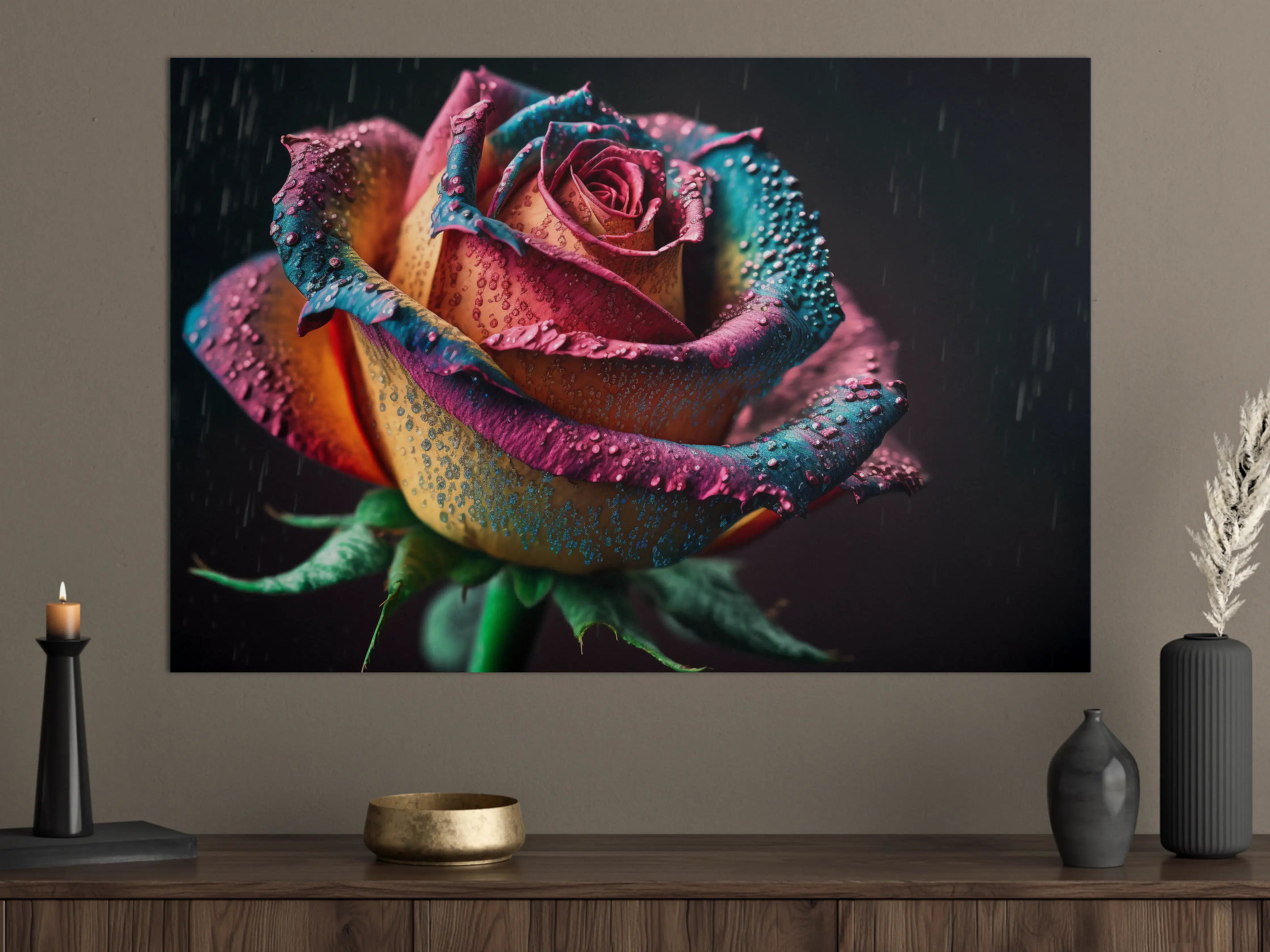 Große Wandbilder - Bunte Rose mit Wassertropfen