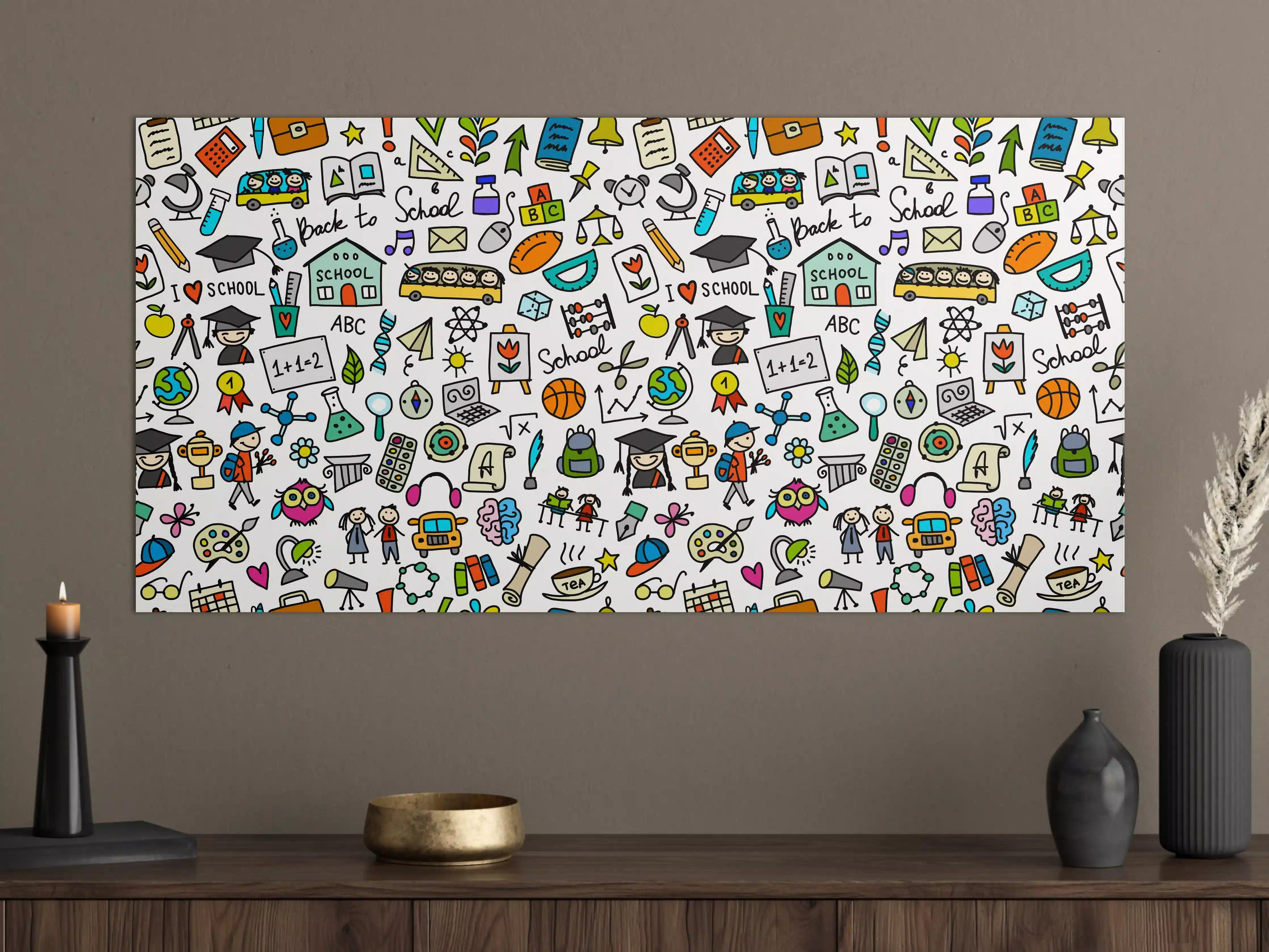 Große Wandbilder - Bunte Schul- und Lernsymbole, fröhliches Design