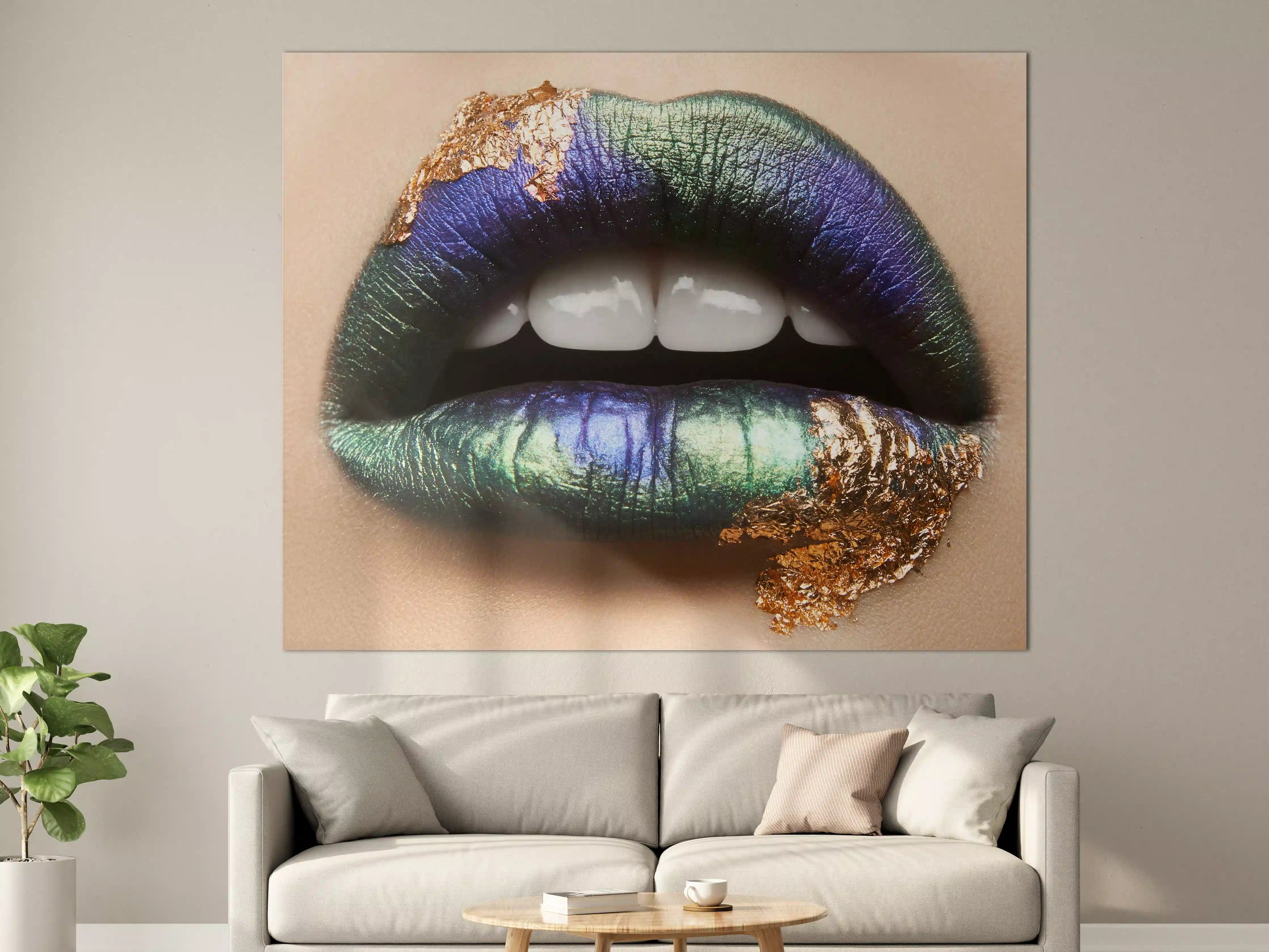 Große Wandbilder - Bunte und edle Lippenkunst mit Gold-Highlight