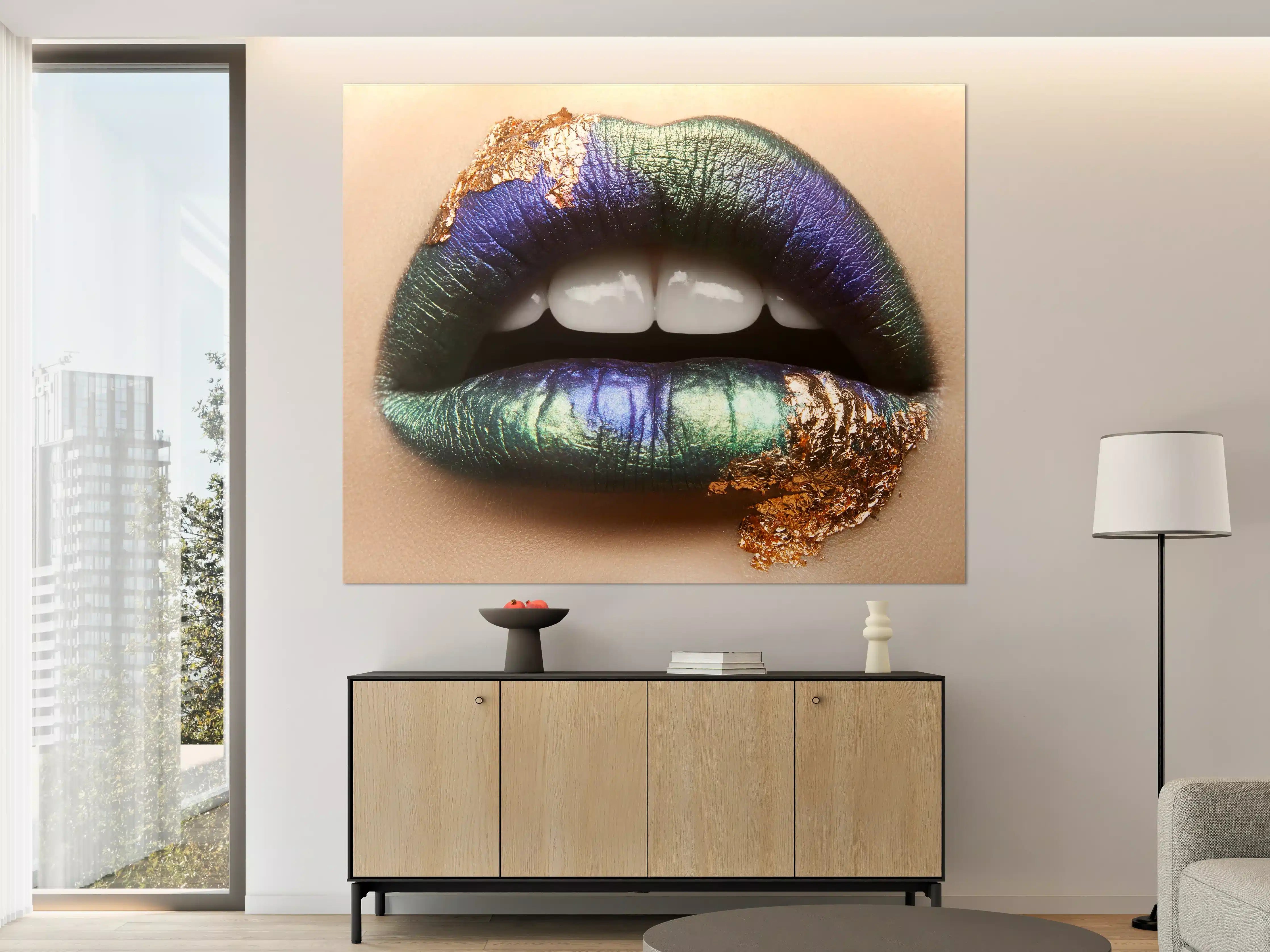 Große Wandbilder - Bunte und edle Lippenkunst mit Gold-Highlight