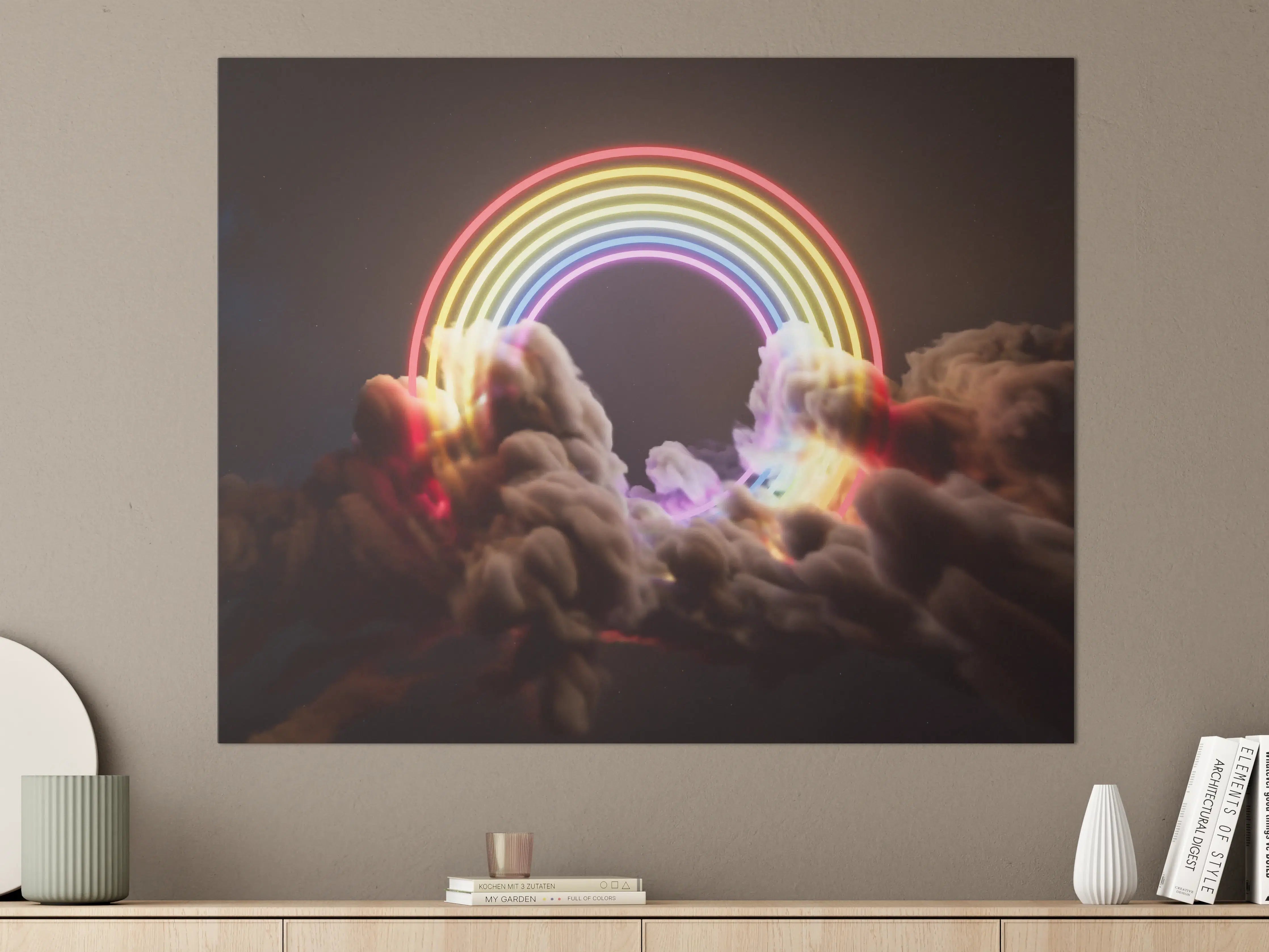 Große Wandbilder - Bunter Neon-Regenbogen auf Wolken