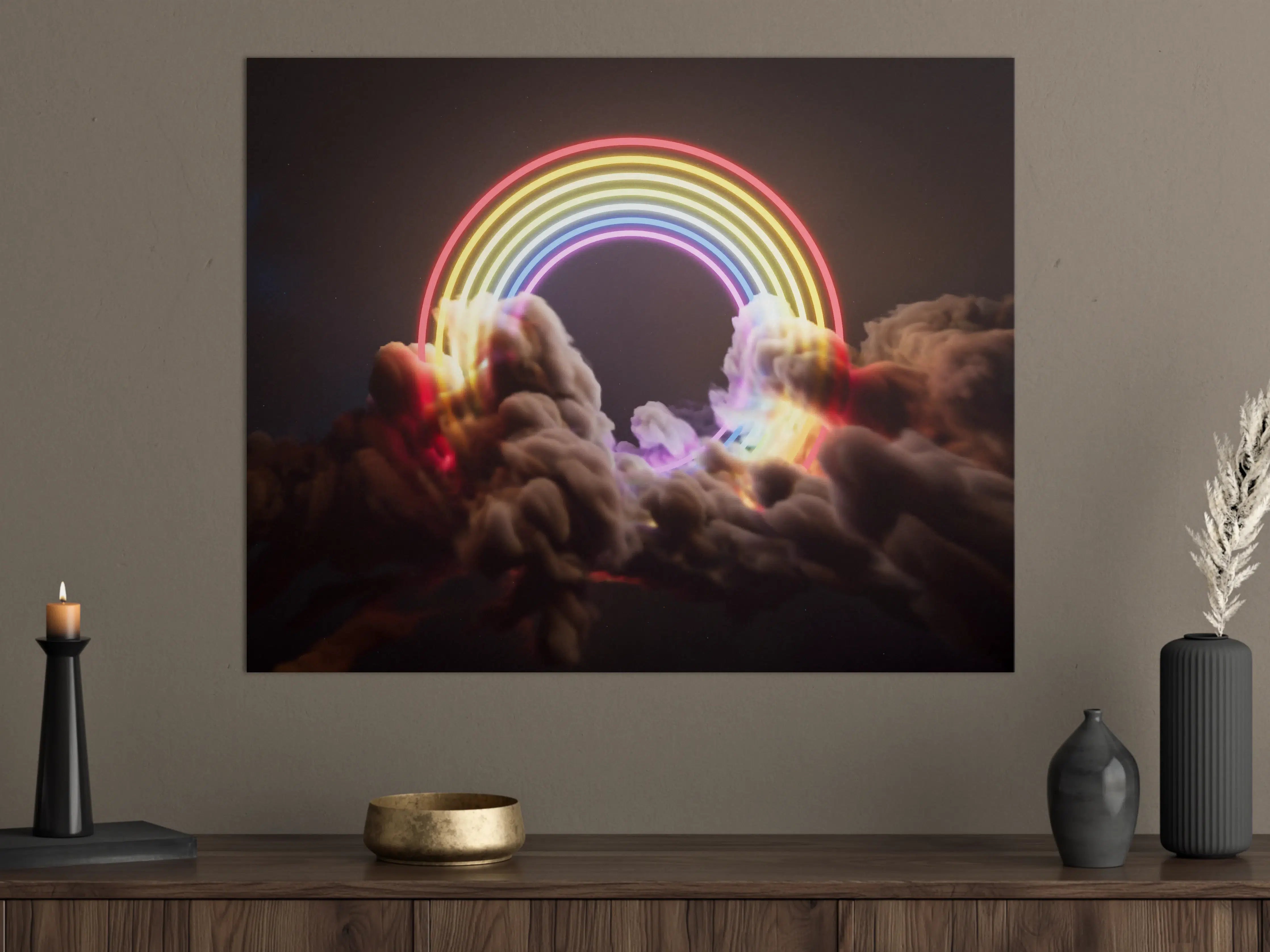 Große Wandbilder - Bunter Neon-Regenbogen auf Wolken