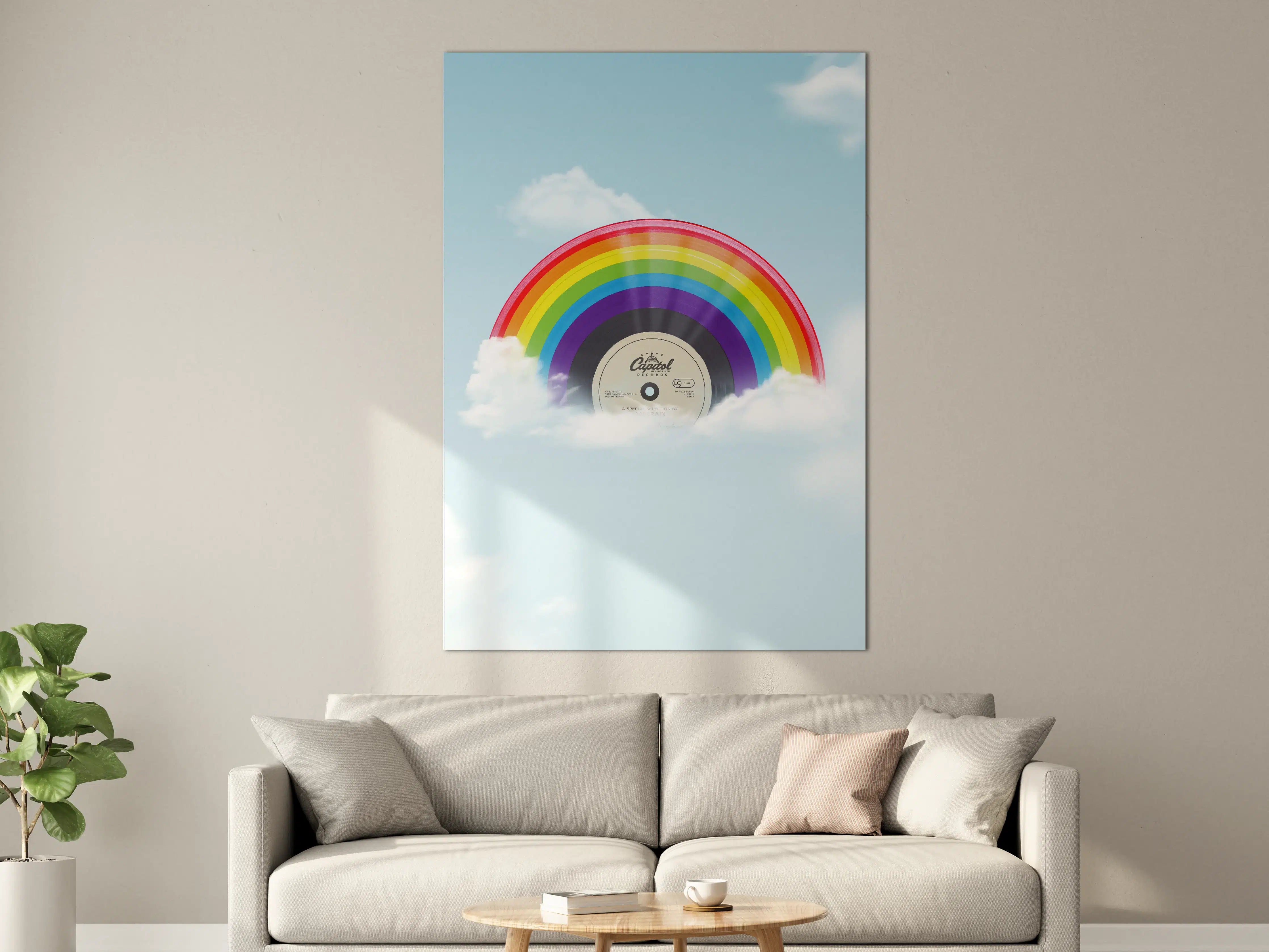 Große Wandbilder - Bunter Regenbogen-Schallplatte in Wolken