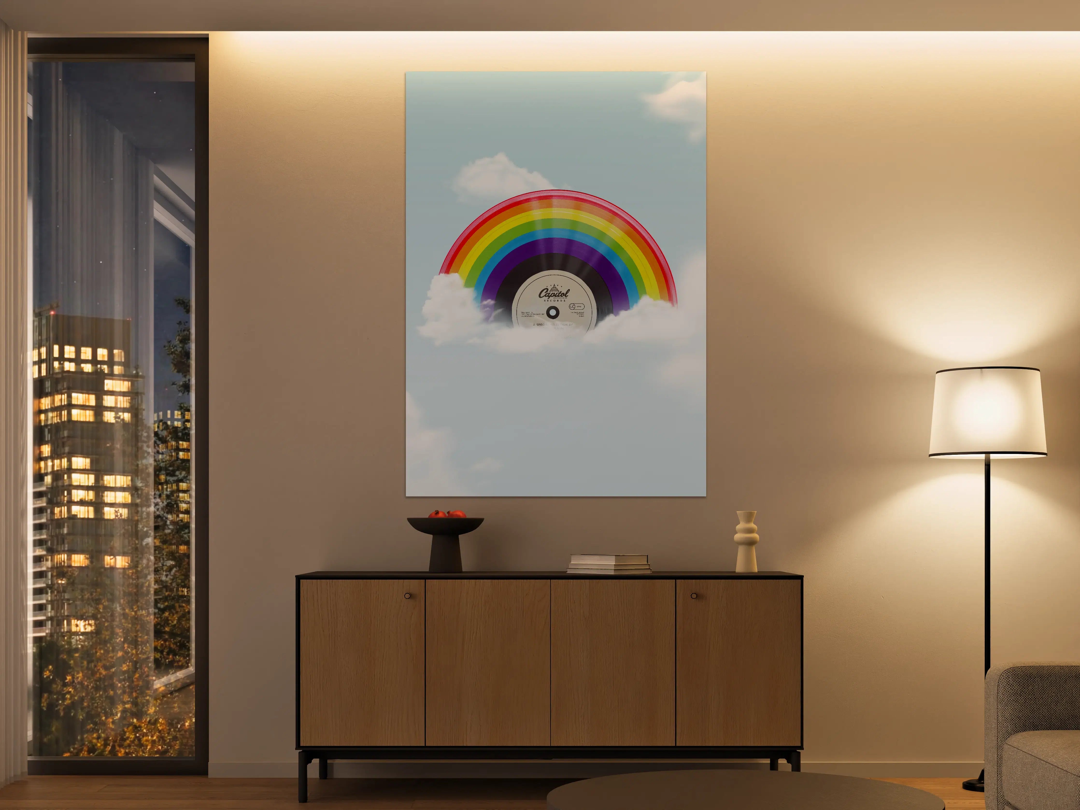 Große Wandbilder - Bunter Regenbogen-Schallplatte in Wolken